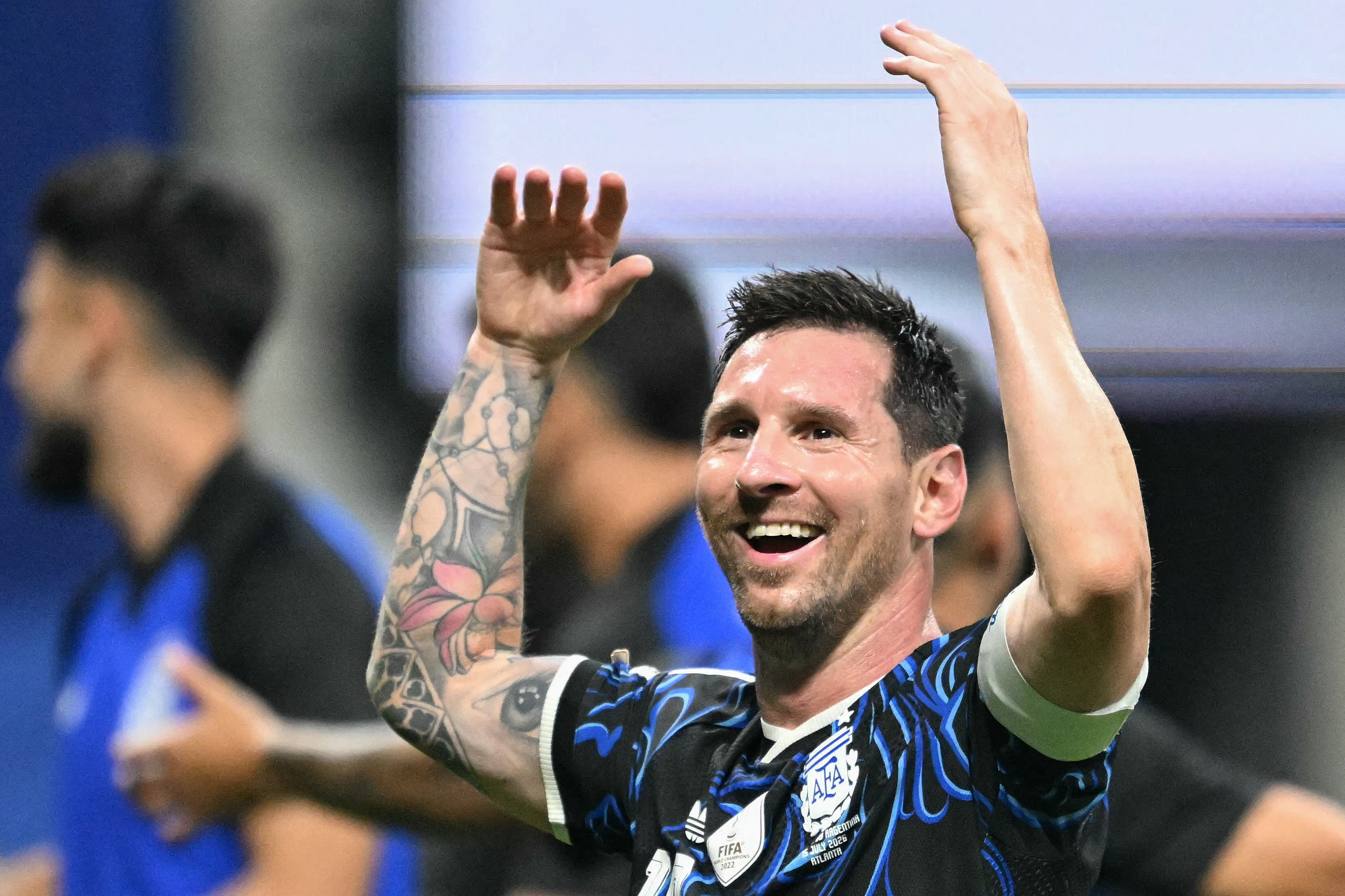 Argentina's forward #10 Lionel Messi celebrates after winning the 2026 World Cup football tournament semi-final match between England and Argentina at the Atlanta Stadium in Atlanta on July 15, 2026. (Photo by ROBERTO SCHMIDT / AFP)