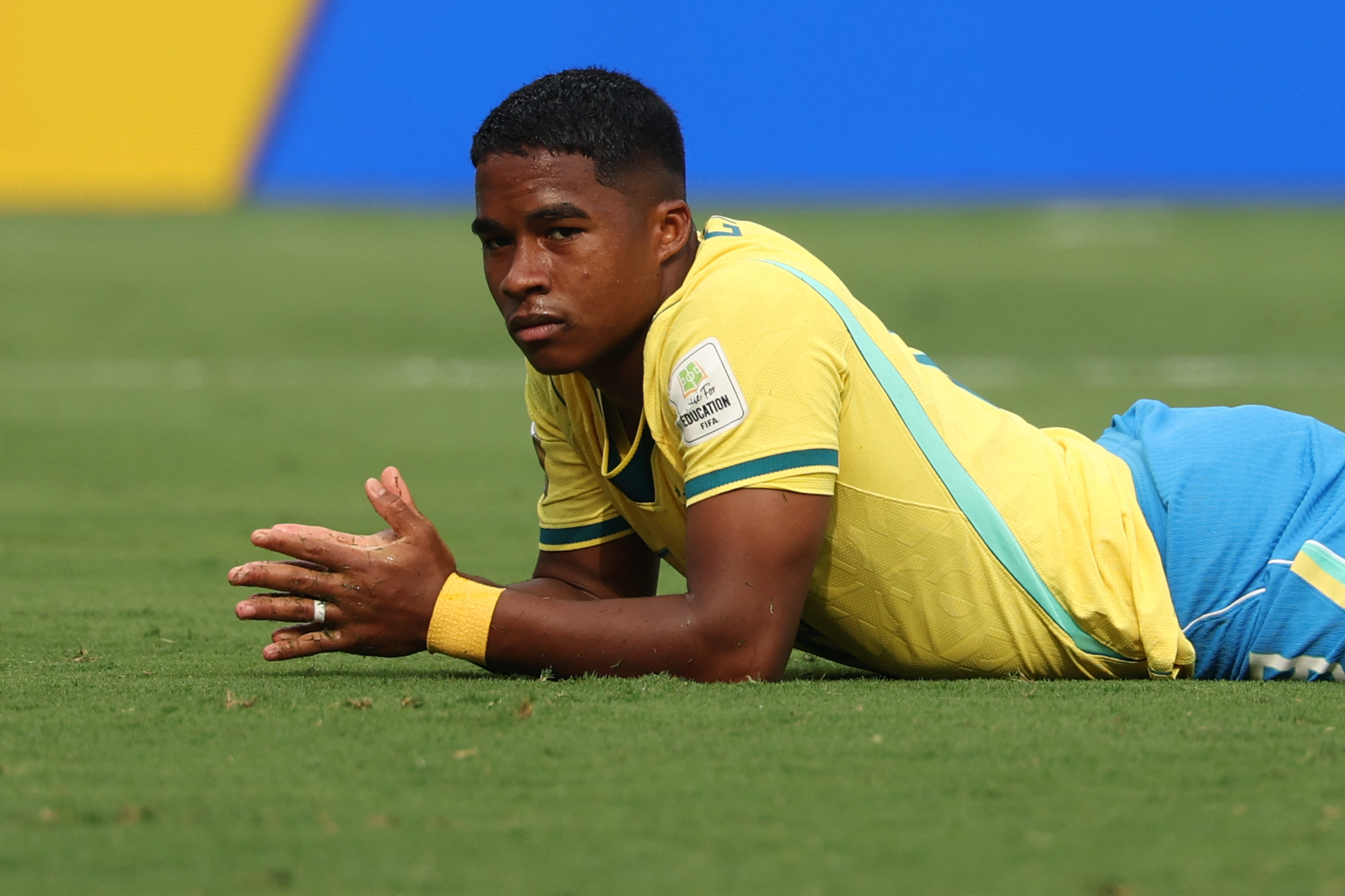 Brazil's forward #19 Endrick reacts to a missed chance during the 2026 World Cup round of 16 football match between Brazil and Norway at the New York/New Jersey Stadium in East Rutherford on July 5, 2026.