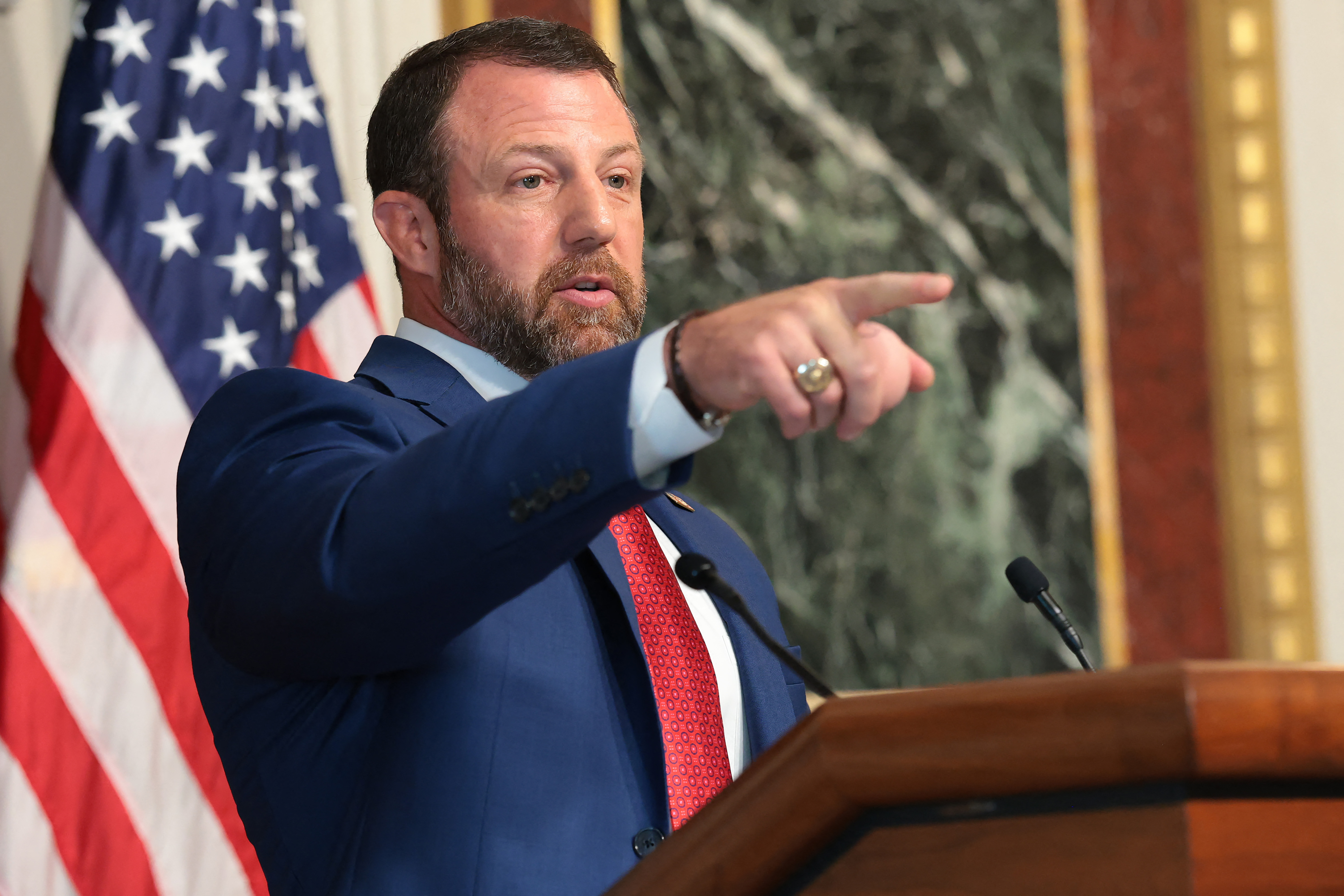 WASHINGTON, DC - JULY 17: U.S. Secretary of Homeland Security Markwayne Mullin speaks during a news conference in the Eisenhower Executive Office Building on July 17, 2026 in Washington, DC. Mullin held the news conference to discuss election security ahead of the midterms. Anna Moneymaker/Getty Images/AFP (Photo by Anna Moneymaker / GETTY IMAGES NORTH AMERICA / Getty Images via AFP)