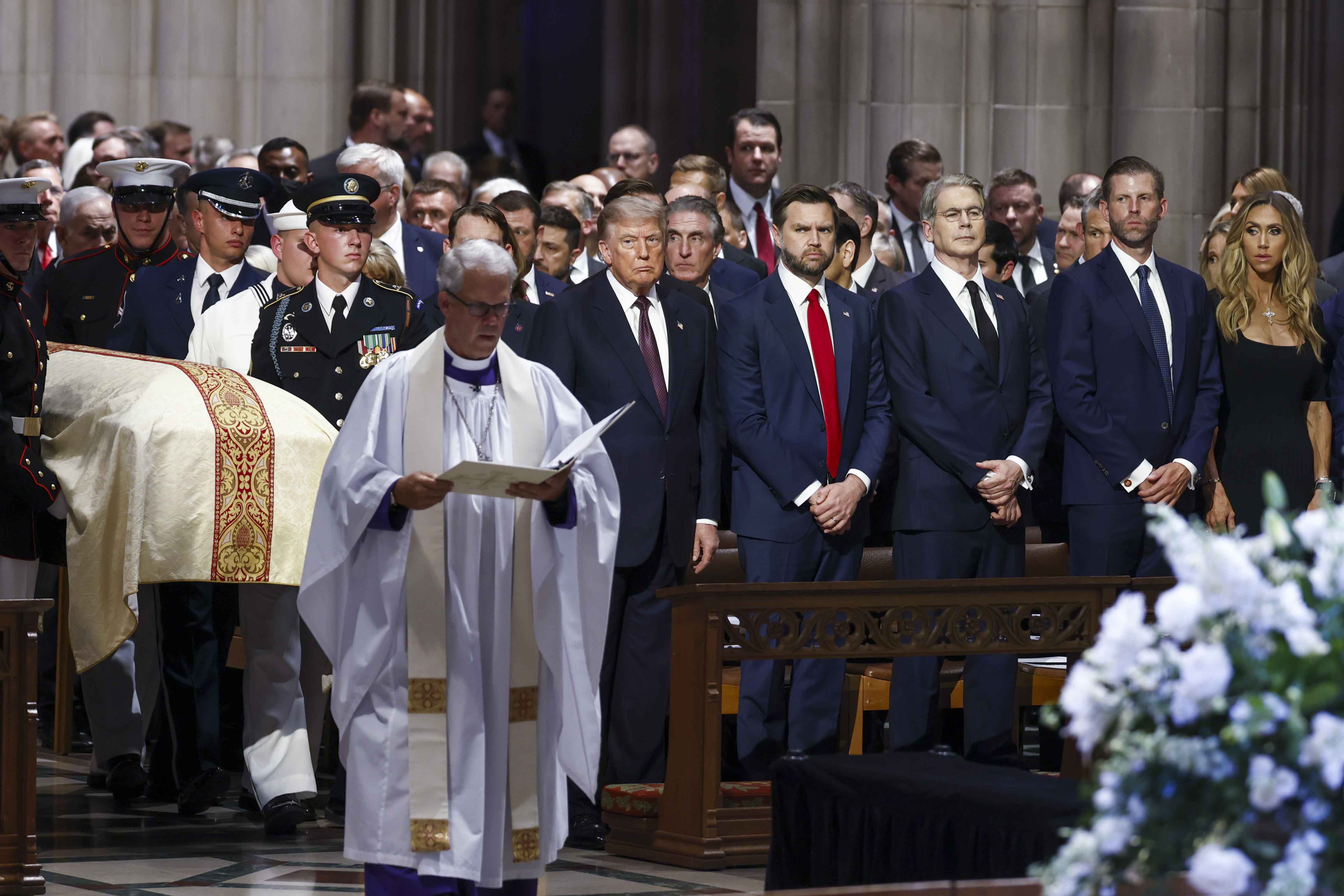 epa13138139 (L-R) US President Donald J. Trump, US Vice President JD Vance, US Treasury Secretary Scott Bessent, Eric Trump and Lara Trump attend the funeral services for the late US Senator Lindsey Graham from South Carolina at the Washington National Cathedral in Washington, DC USA, 28 July 2026. Lindsey Graham, Republican senator from South Carolina, died earlier this month following a brief illness at the age of 71. EPA/WILL OLIVER
