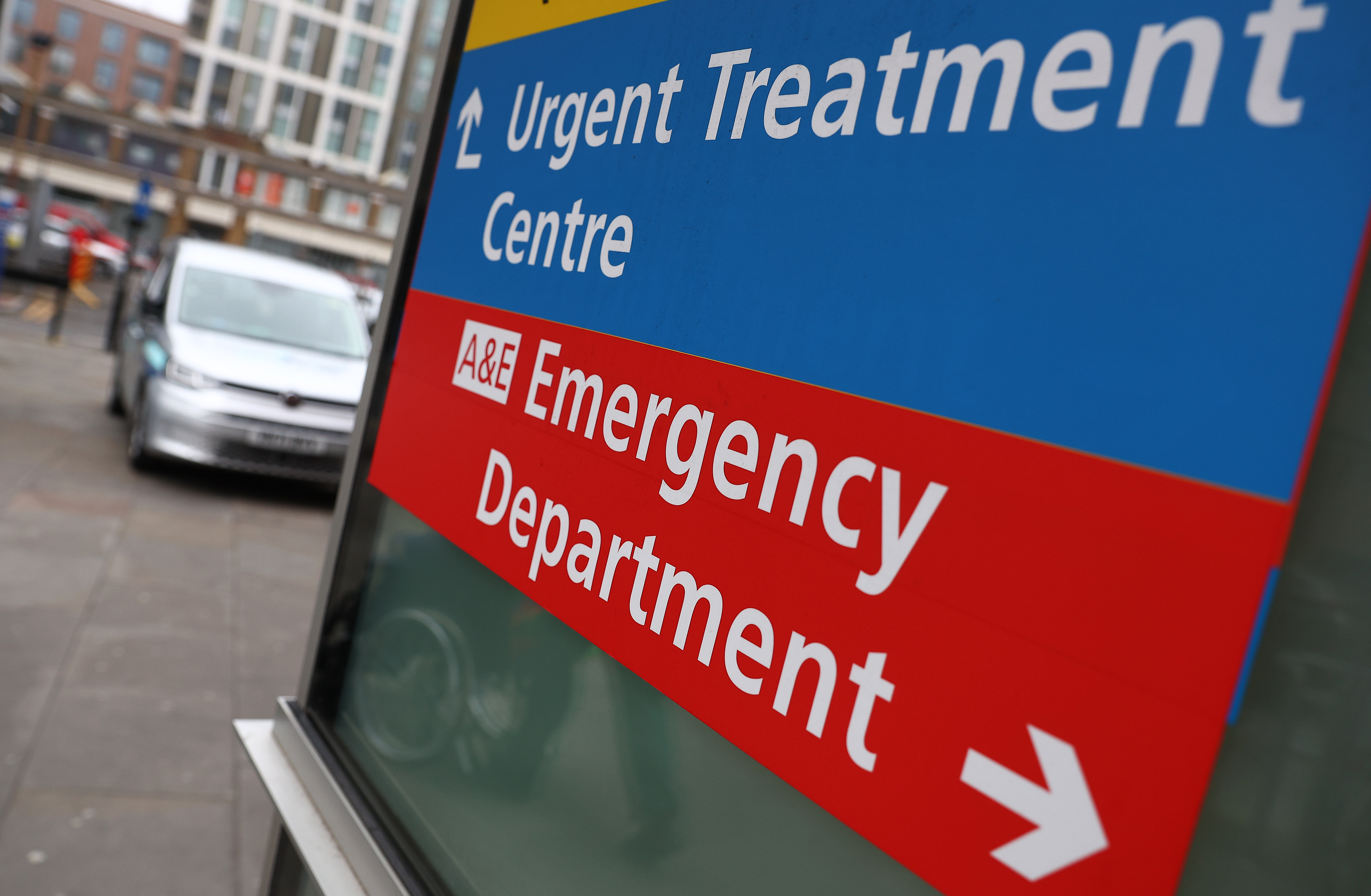 LONDON, ENGLAND - DECEMBER 27: Signage for emergency and urgent treatment departments are seen outside The Royal London Hospital on December 27, 2024 in London, England. NHS England faces a "quad-demic" of winter illnesses as Flu, Covid, RSV and Norovirus sweep the country. (Photo by Peter Nicholls/Getty Images)