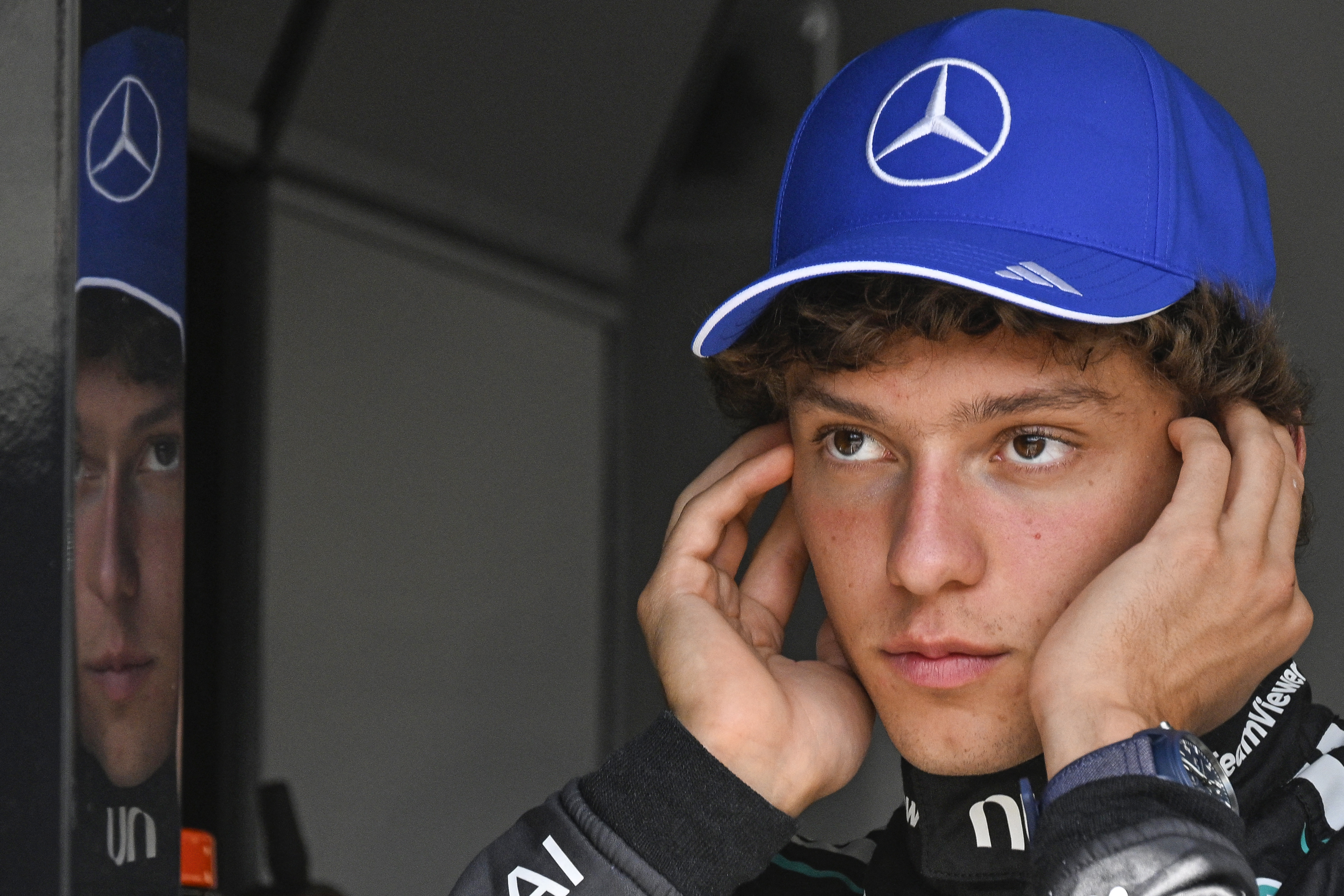 Mercedes' Italian driver Kimi Antonelli gestures