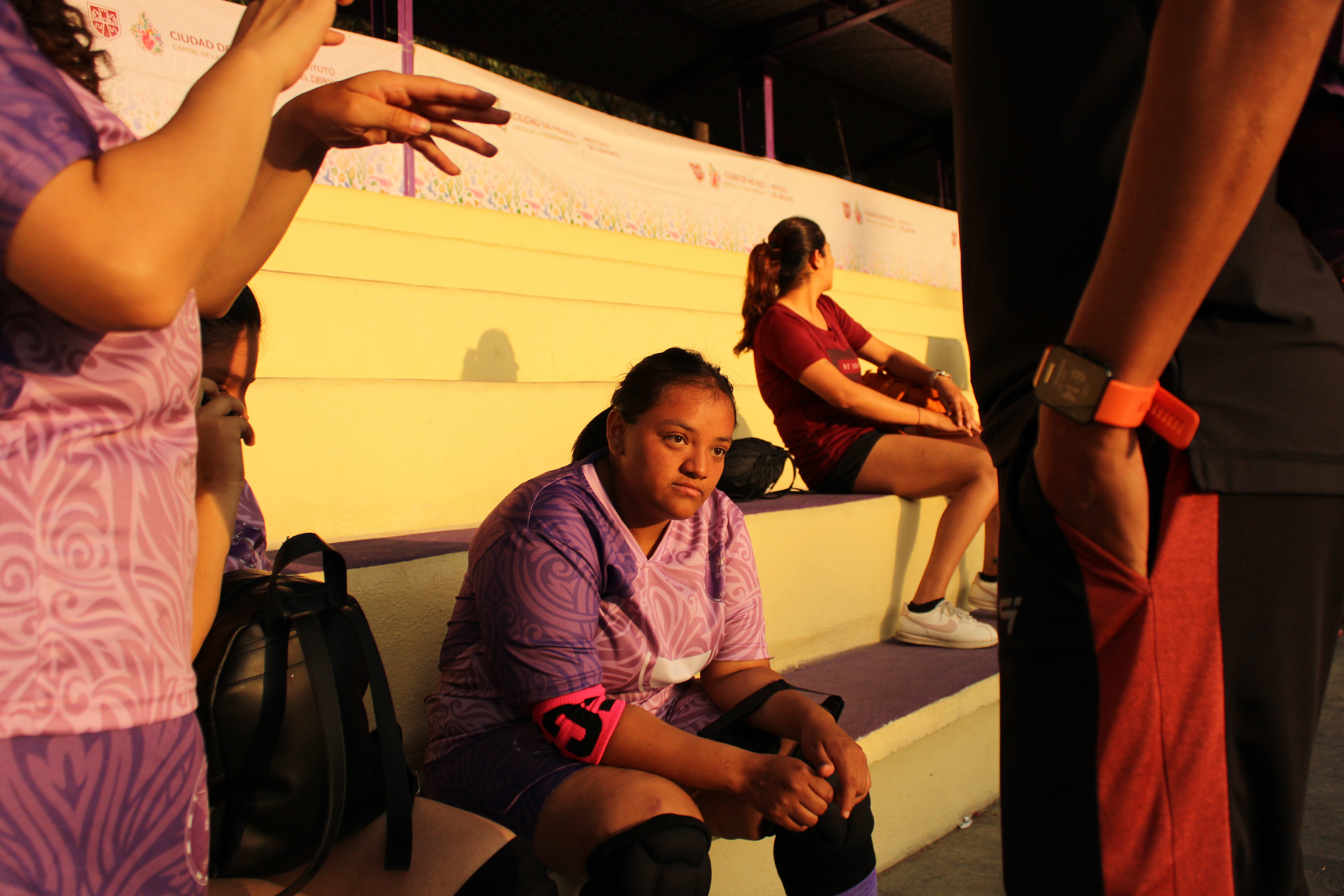 Chilangas FC striker Alexandra Ramírez, 20, sits in the stands, reflecting on her winning penalty against Linces FC in her team’s first match of the Mexican Open Blind Football Tournament held at the Utopía Mixhuca sports facility