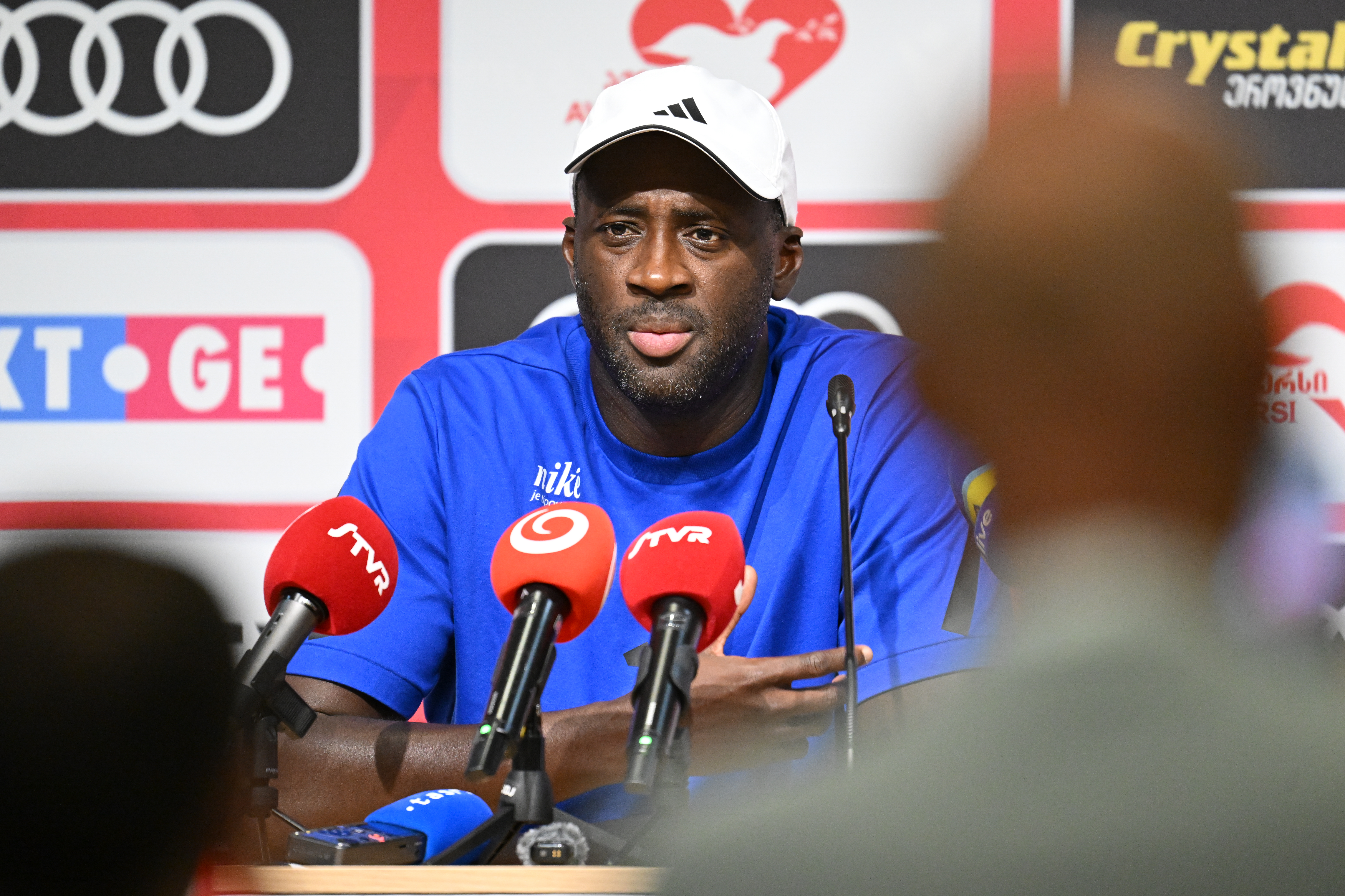 TBILISI, GEORGIA - JULY 21: Yaya Toure, head coach of Slovan Bratislava, speaks at the press conference after the UEFA Champions League 2026/27 second qualifying round first leg match between Iberia Tbilisi and Slovan Bratislava at Mikheil Meskhi Stadium on July 21, 2026 in Tbilisi, Georgia. (Photo by Levan Verdzeuli/Getty Images)