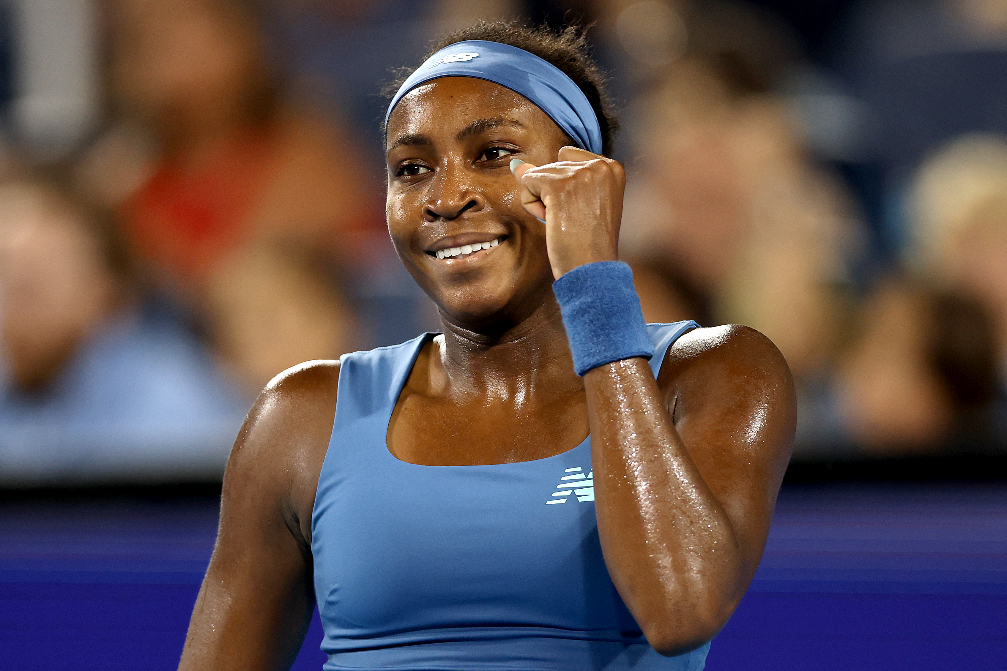 MASON, OHIO - AUGUST 22: Coco Gauff of the United States celebrates match point against Sarab Bejlek of Czechia during the Women's Semifinals on day twelve of the Cincinnati Open at the Lindner Family Tennis Center on August 22, 2026 in Mason, Ohio. Matthew Stockman/Getty Images/AFP (Photo by MATTHEW STOCKMAN / GETTY IMAGES NORTH AMERICA / Getty Images via AFP)