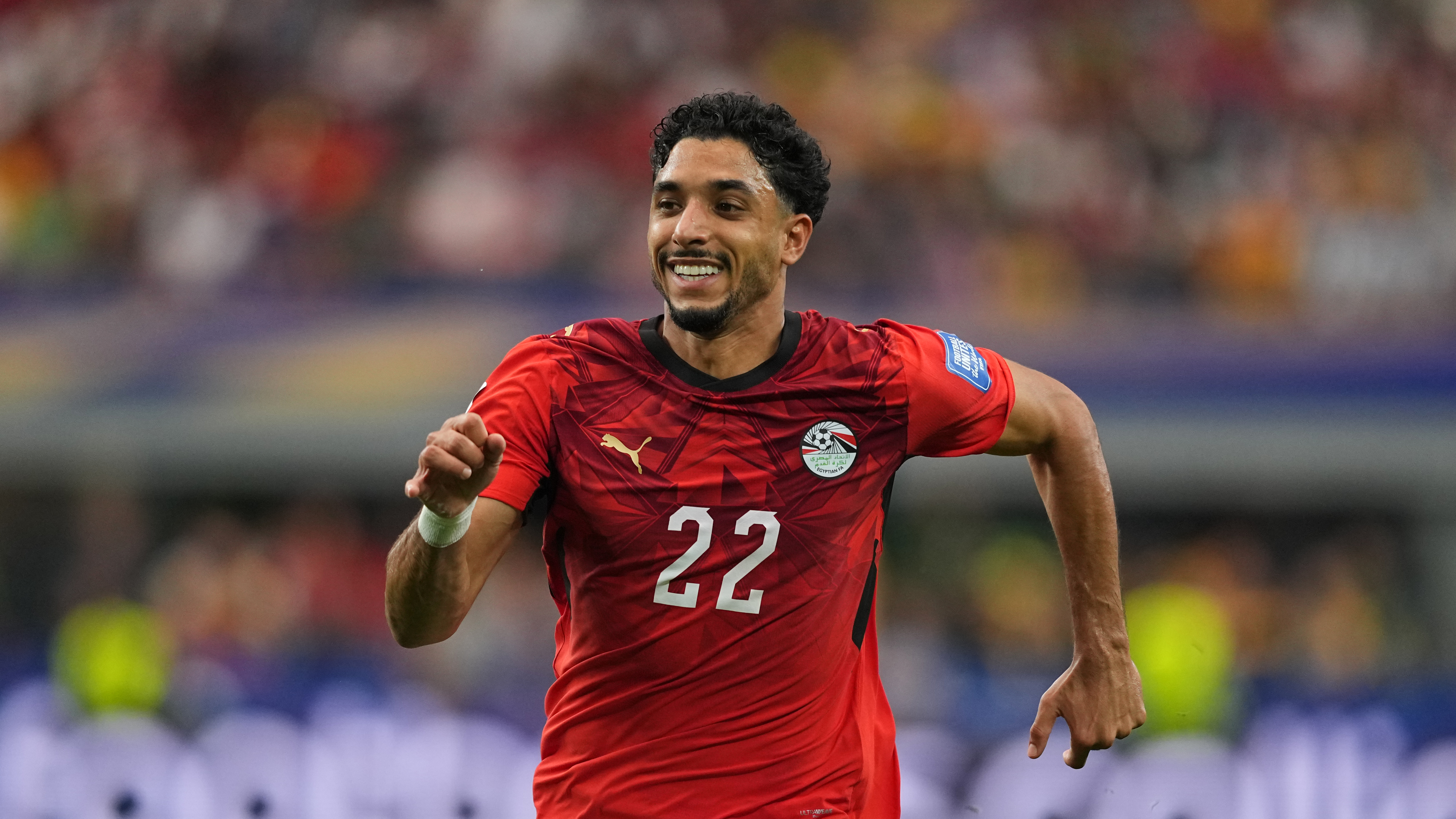 Egypt's Omar Marmoush (22) in action during the World Cup round of 32 soccer match between Australia and Egypt in Arlington, Texas, near Dallas, Friday, July 3, 2026. (AP Photo/Julio Cortez)