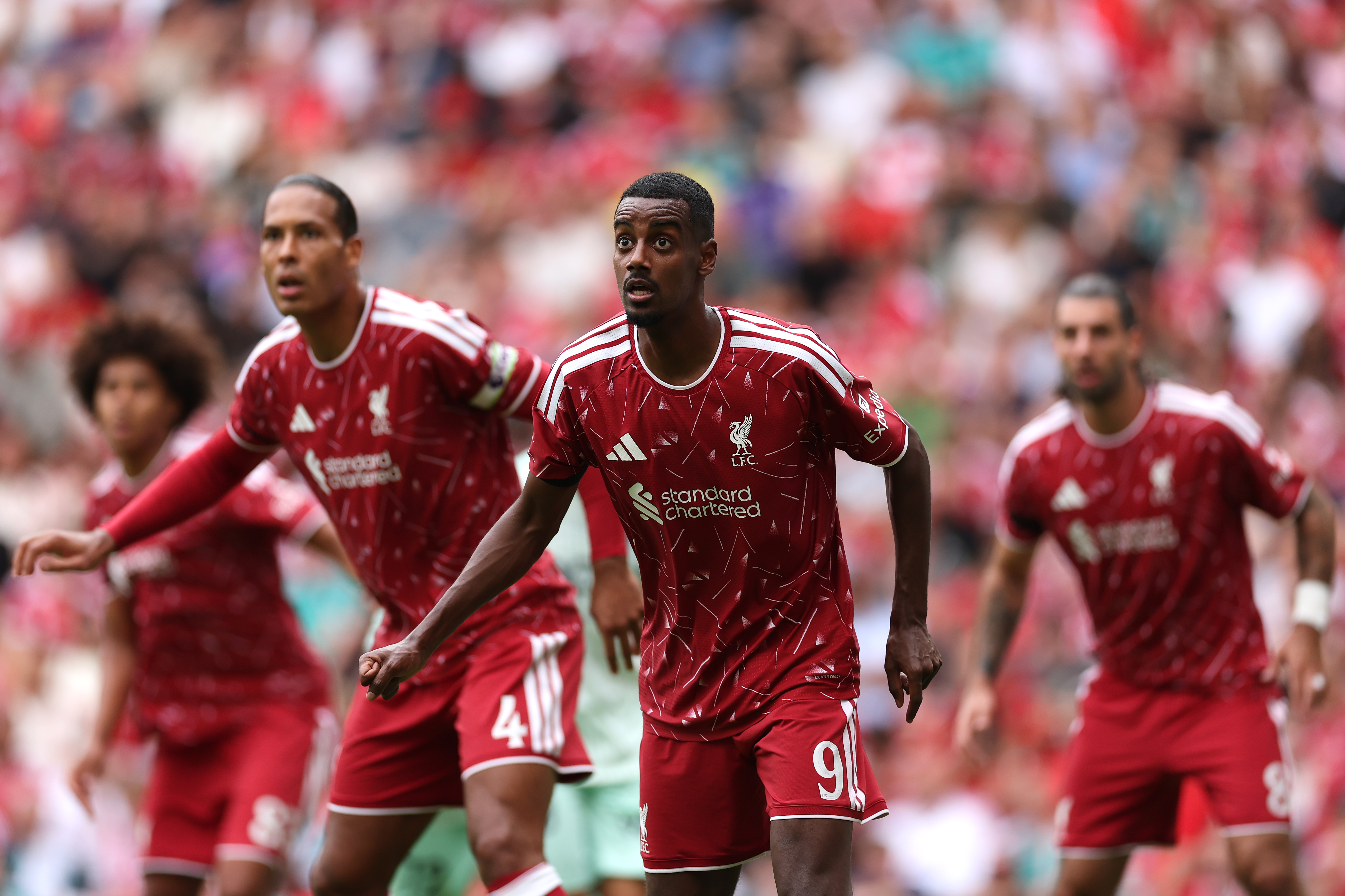 LIVERPOOL, ENGLAND - AUGUST 09: (THE SUN OUT, THE SUN ON SUNDAY OUT) Alexander Isak and Virgil van Dijk of Liverpool follow play during the during the pre-season friendly match between Liverpool FC and AS Monaco at Anfield on August 09, 2026 in Liverpool, England. (Photo by Jan Kruger/Getty Images)