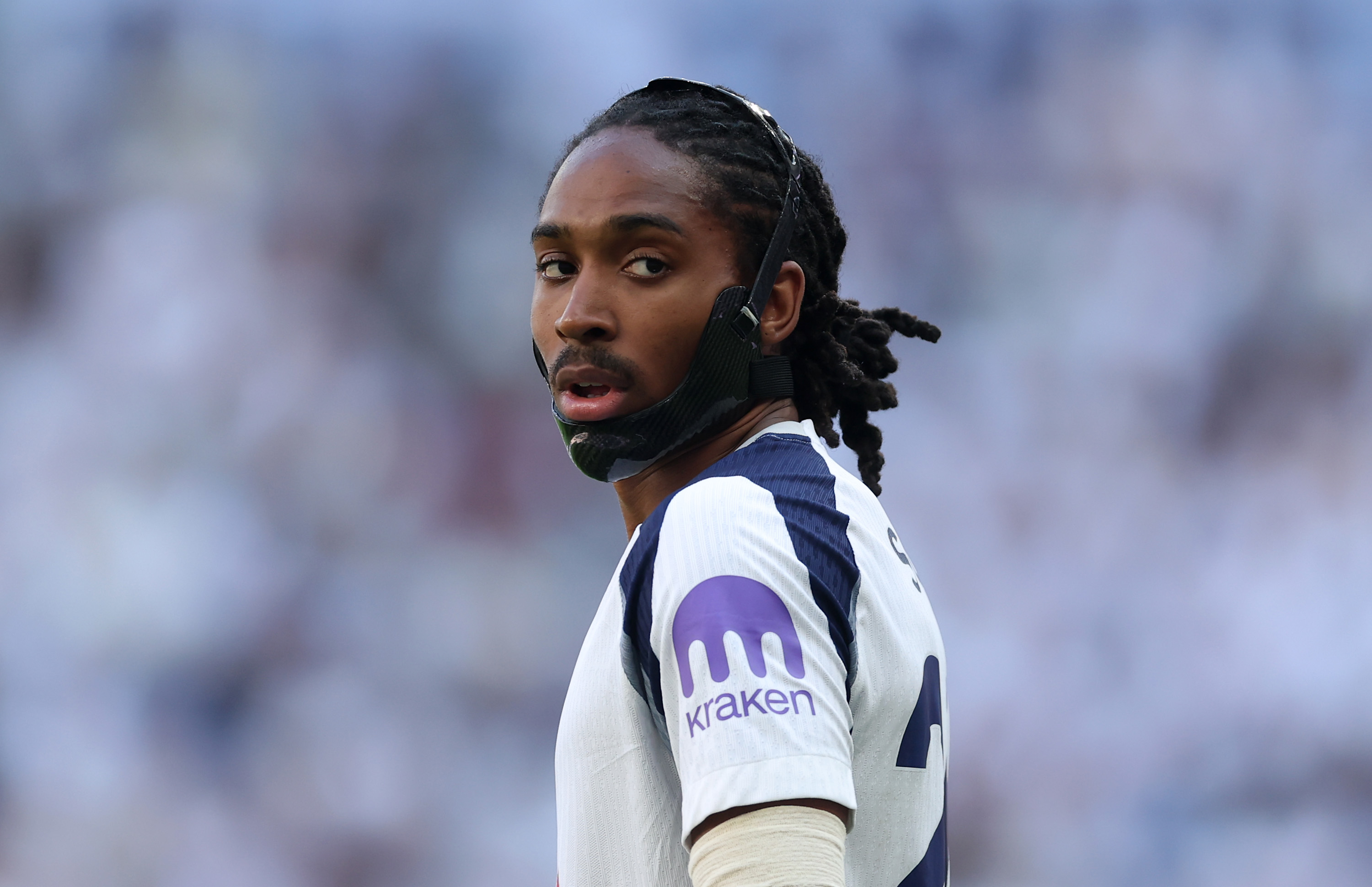 LONDON, ENGLAND - MAY 24: Djed Spence of Tottenham Hotspur looks on during the Premier League match between Tottenham Hotspur and Everton at Tottenham Hotspur Stadium on May 24, 2026 in London, England. (Photo by Alex Pantling/Getty Images)