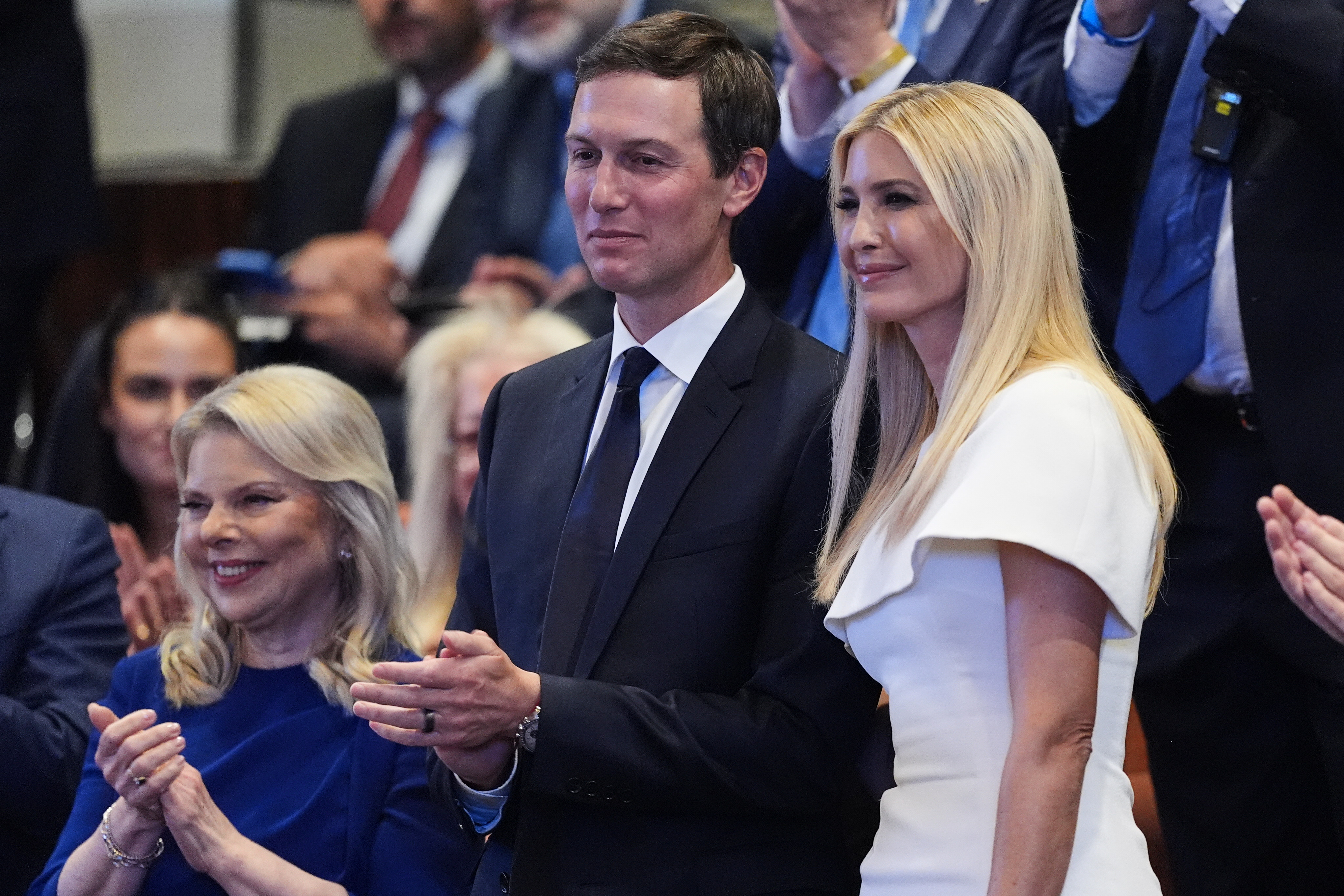 JERUSALEM - OCTOBER 13: Jared Kushner and Ivanka Trump are recognized by President Donald Trump as he speaks in the Knesset, Israel's parliament, on October 13, 2025 in Jerusalem. President Trump is visiting the country hours after Hamas released the remaining Israeli hostages captured on Oct. 7, 2023, part of a US-brokered ceasefire deal to end the war in Gaza. (Photo by Evan Vucci - Pool/Getty Images)