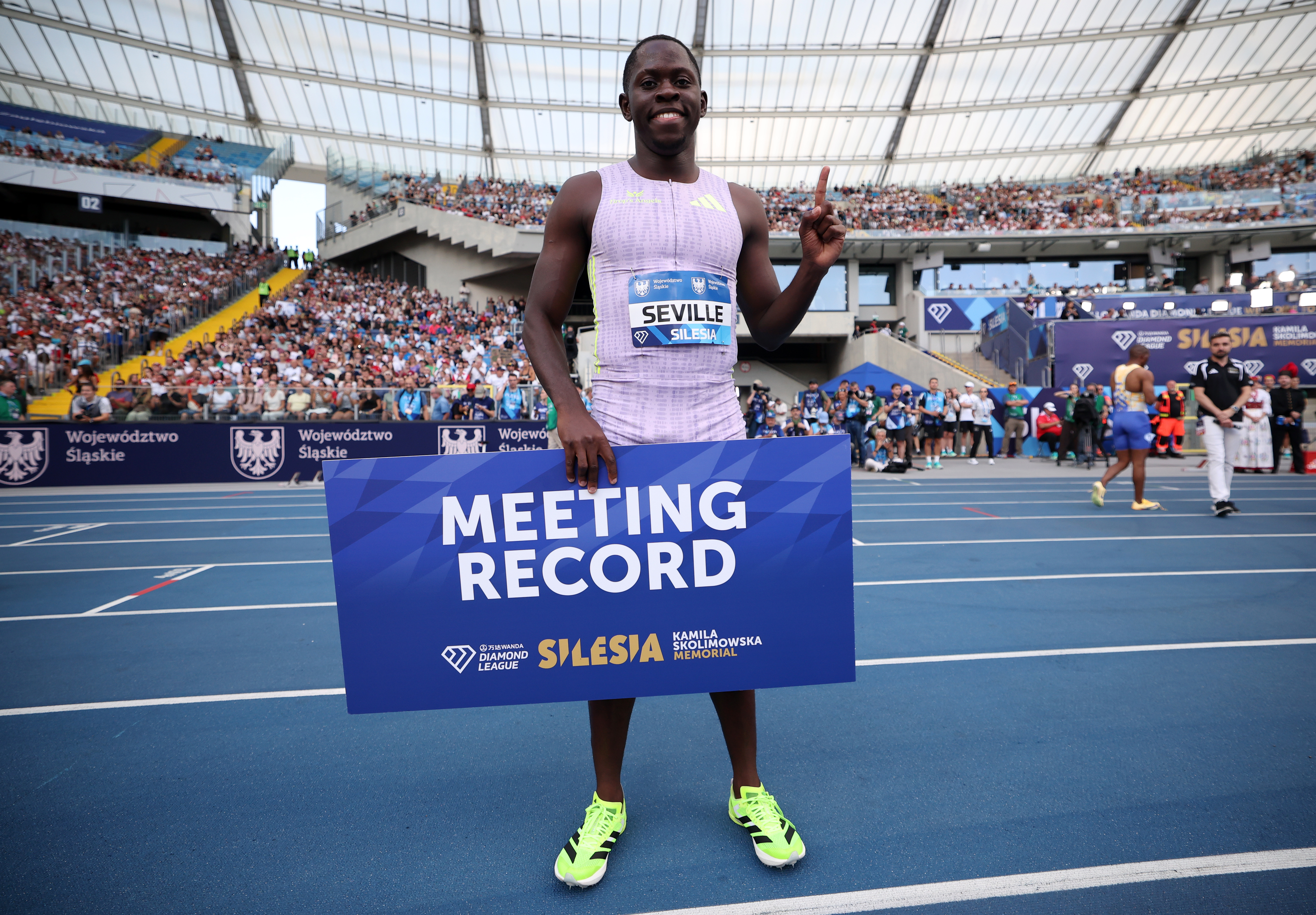 CHORZOW, POLAND - AUGUST 23: Oblique Seville of Team Jamaica poses for a photo after his victory and a new meeting record in the Men's 100m Final during the Kamila Skolimowska Memorial, part of the 2026 Wanda Diamond League at Slaski Stadium on August 23, 2026 in Chorzow, Poland. (Photo by Maja Hitij/Getty Images)