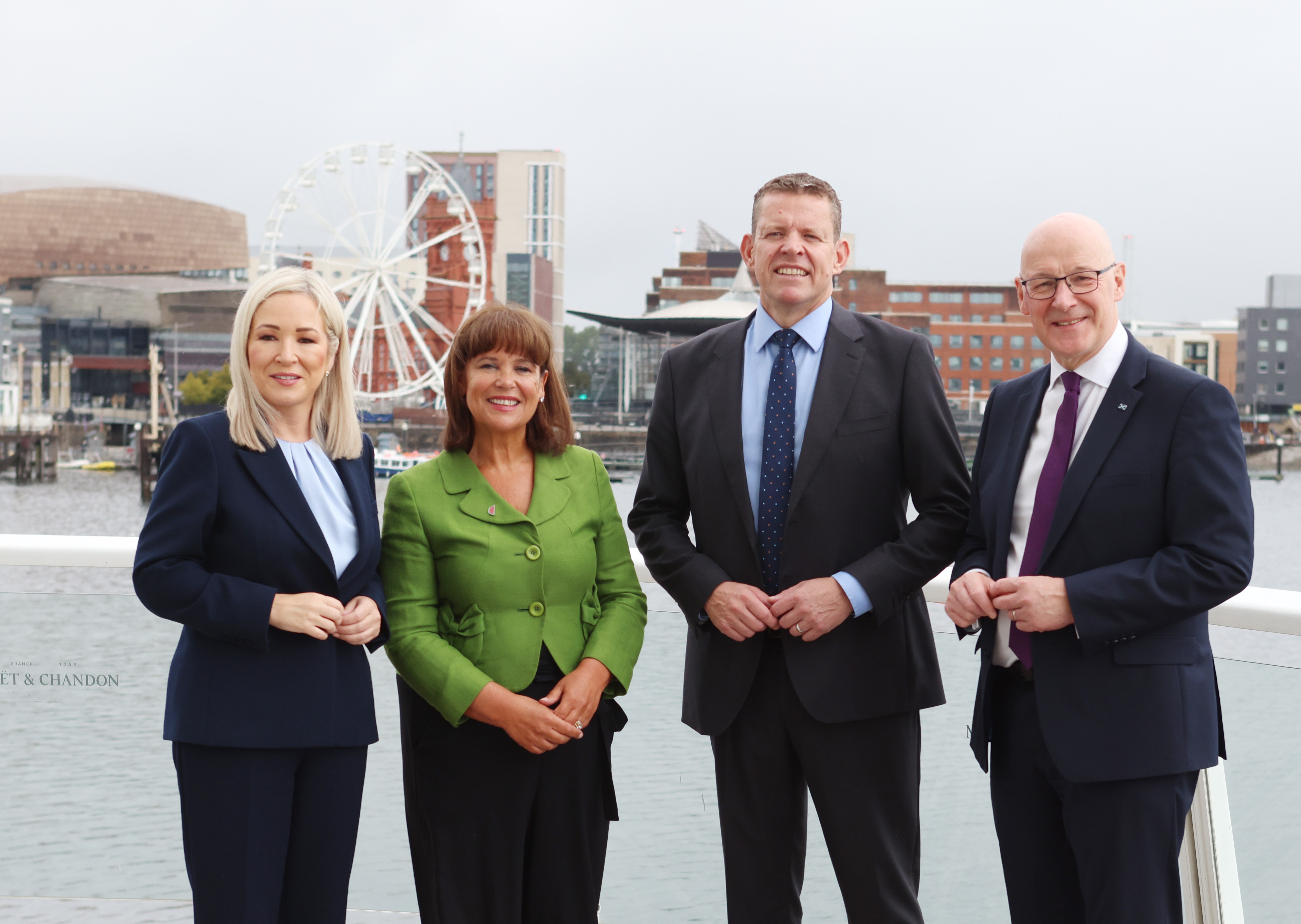epaselect epa13238564 (L-R) Sinn Fein Vice-President and First Minister for the North of Ireland Michelle O'Neill, Sinn Fein President Mary Lou McDonald, Leader of Plaid Cymru Rhun ap Iorwerth and Leader of the Scottish National Party and First Minister of Scotland, John Swinney pose for photographers ahead of a meeting between leaders of nationalist parties in Cardiff, Wales, Britain, 14 September 2026. Leaders of nationalist parties from Scotland, Wales and Northern Ireland are meeting to strengthen the co-operation of the three countries and build towards constitutional change. EPA/JON ROWLEY