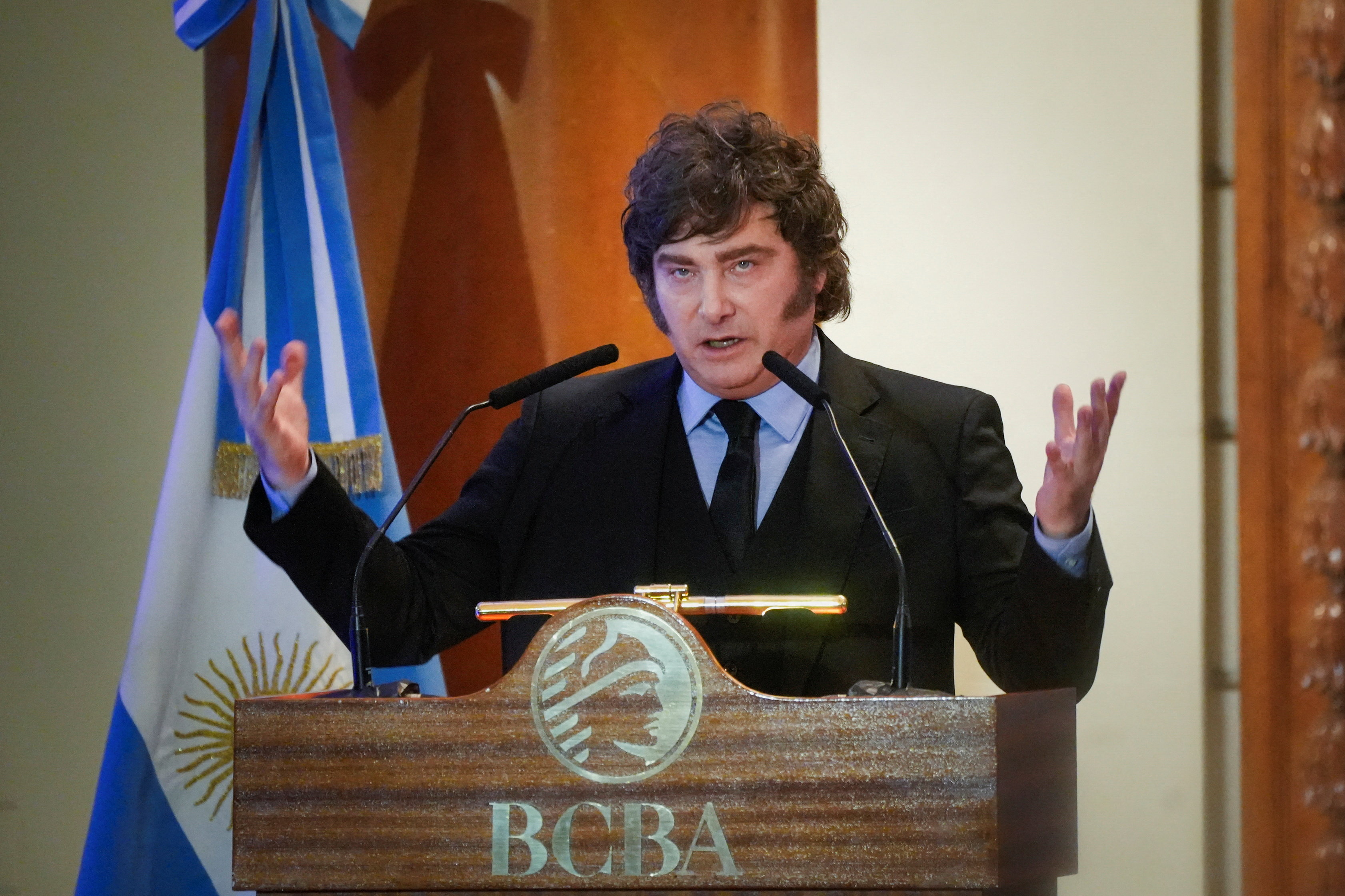 Argentine President Javier Milei gestures as he speaks during a ceremony commemorating the 172nd anniversary of the Buenos Aires Stock Exchange in Buenos Aires, Argentina, July 16, 2026 [Mariana Nedelcu/Reuters]