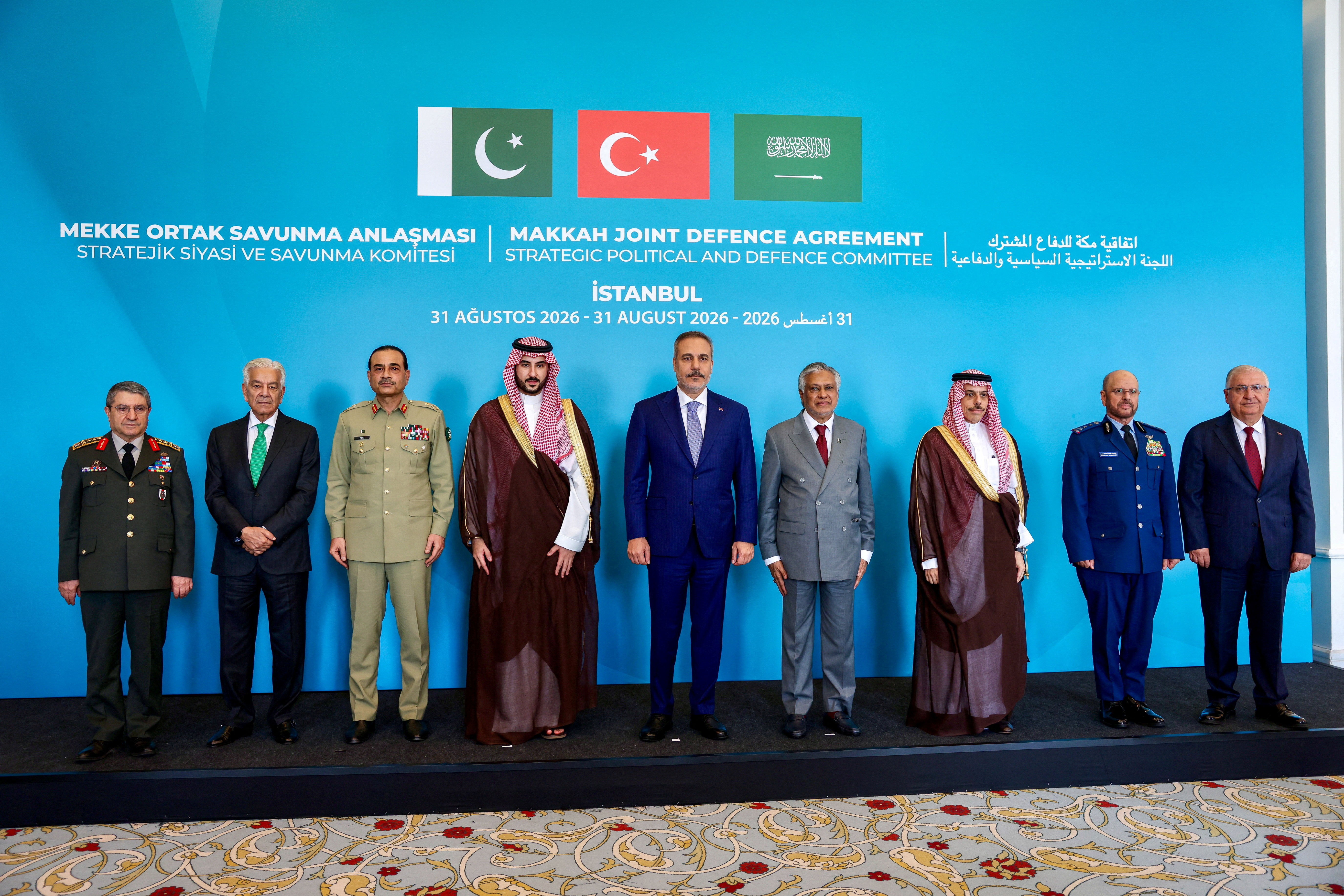 Turkey's Foreign Minister Hakan Fidan, Pakistan's Deputy Prime Minister and Foreign Minister Mohammad Ishaq Dar, Saudi Arabia's Foreign Minister Prince Faisal bin Farhan Al Saud, Turkey's Defence Minister Yasar Guler, Turkish Chief of General Staff General Selcuk Bayraktaroglu, Pakistan's Chief of Defence Forces and Chief of Army Staff Field Marshal Asim Munir, Pakistan's Defence Minister Khawaja Muhammad Asif, Saudi Arabia's Defence Minister Prince Khalid bin Salman, and Saudi Arabia's Chief of General Staff General Fayyadh bin Hamed Al-Ruwaili pose before the first committee meeting under the joint defence accord, the "Mecca Joint Defence Agreement", in Istanbul, Turkey, August 31, 2026. REUTERS/Murad Sezer