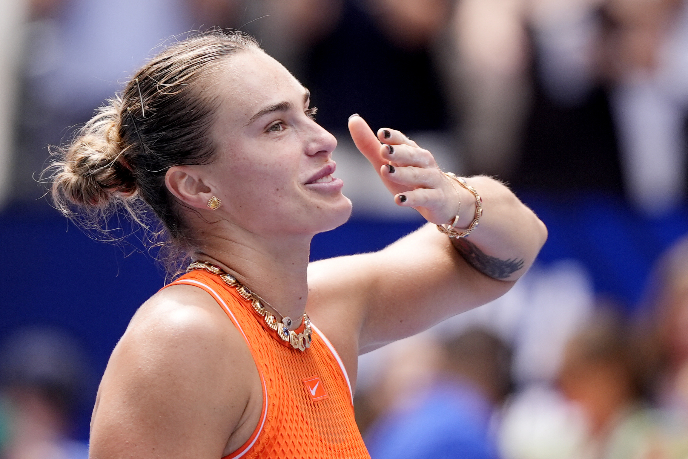 Belarus' Aryna Sabalenka celebrates winning her third round match against Uzbekistan's Kamilla Rakhimova