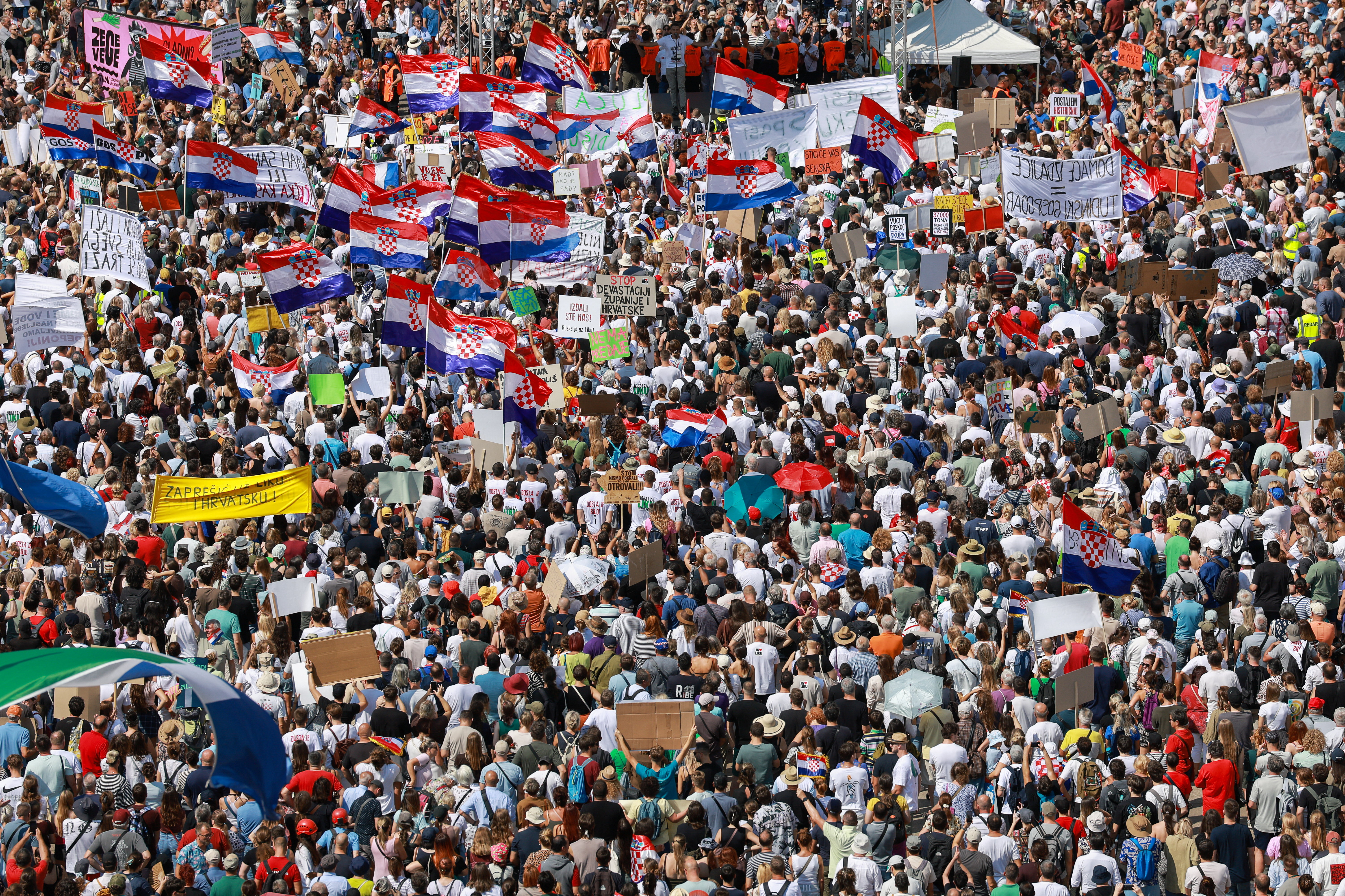 People protest demanding urgent action over illegally dumped hazardous waste in the Lika region and warning of risks to groundwater and public health, in Zagreb, Croatia, September 5, 2026. REUTERS/Borut Zivulovic