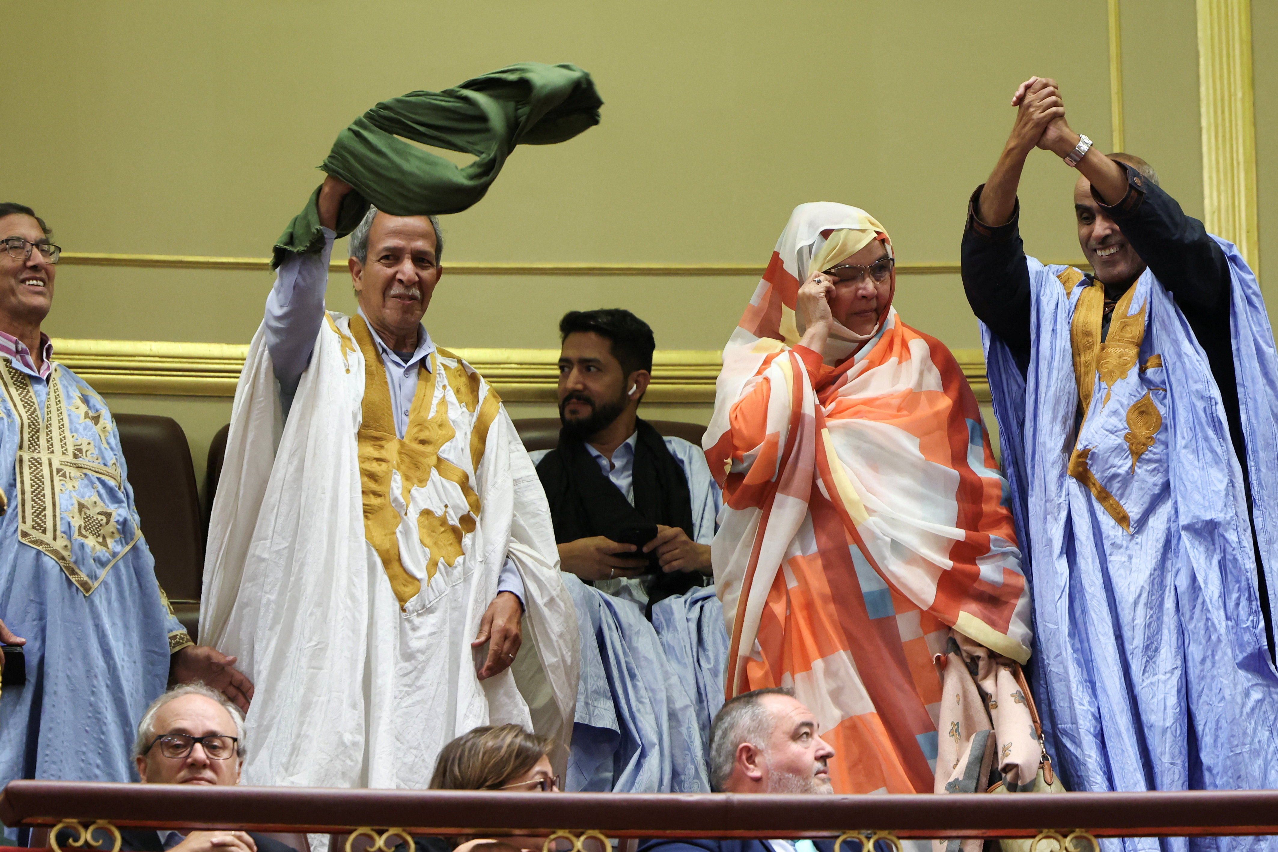 Members of Sahrawi organizations and solidarity groups react after a vote to grant Spanish citizenship to Sahrawis born under the former Spanish administration at Spain’s Parliament in Madrid, Spain, September 10, 2026. REUTERS/Susana Vera