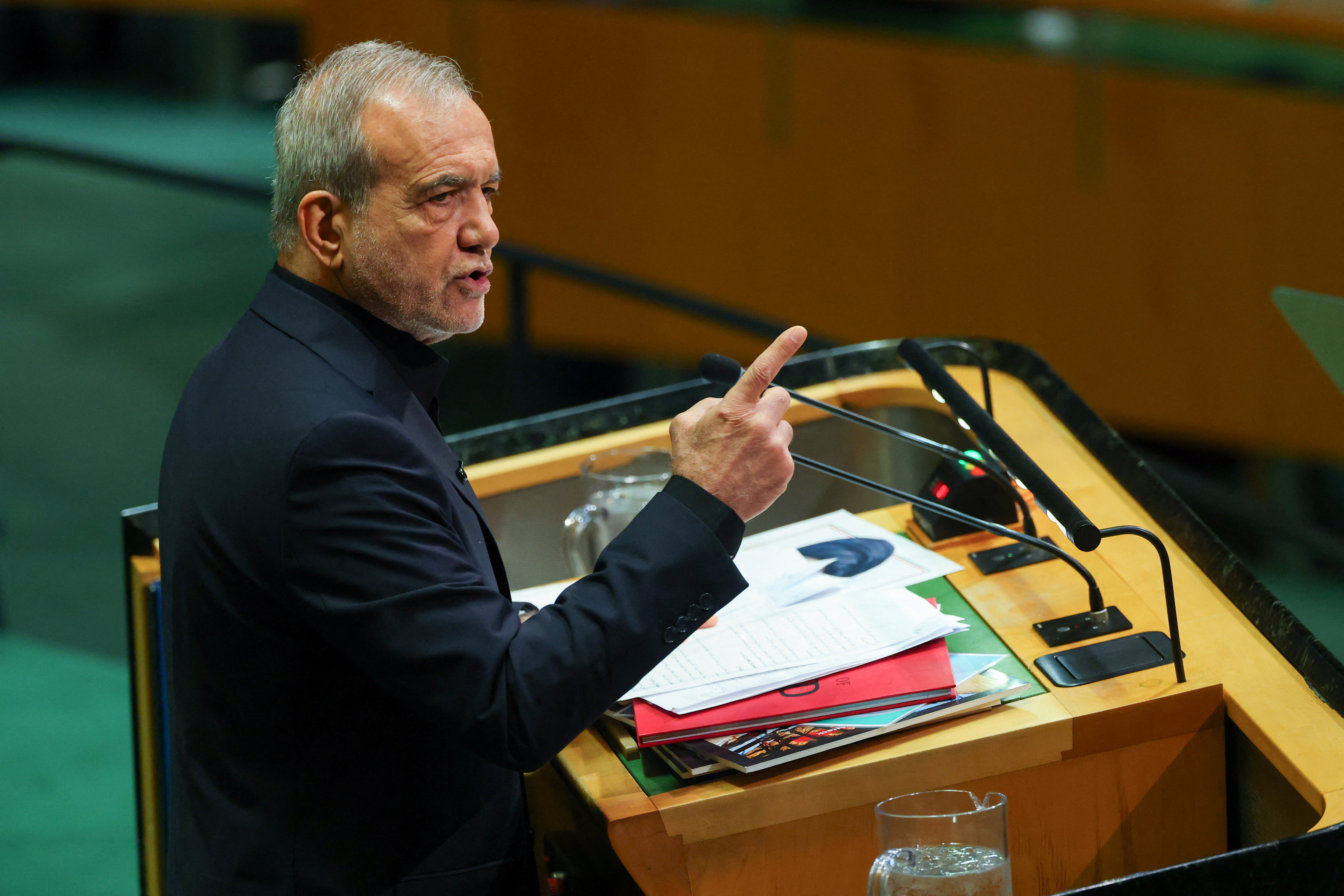Iran's President Masoud Pezeshkian addresses the 81st United Nations General Assembly (UNGA) at UN headquarters in New York City, US, September 23, 2026. REUTERS/MIKE SEGAR
