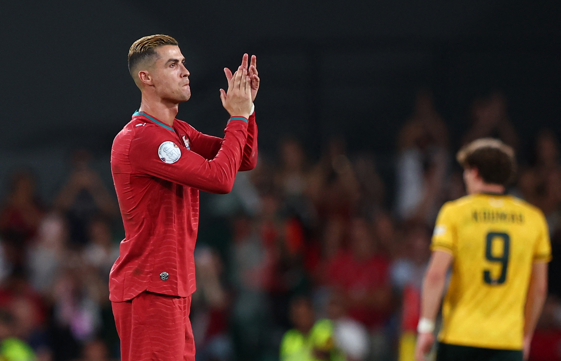 Portugal's Cristiano Ronaldo applauds fans as he is substituted