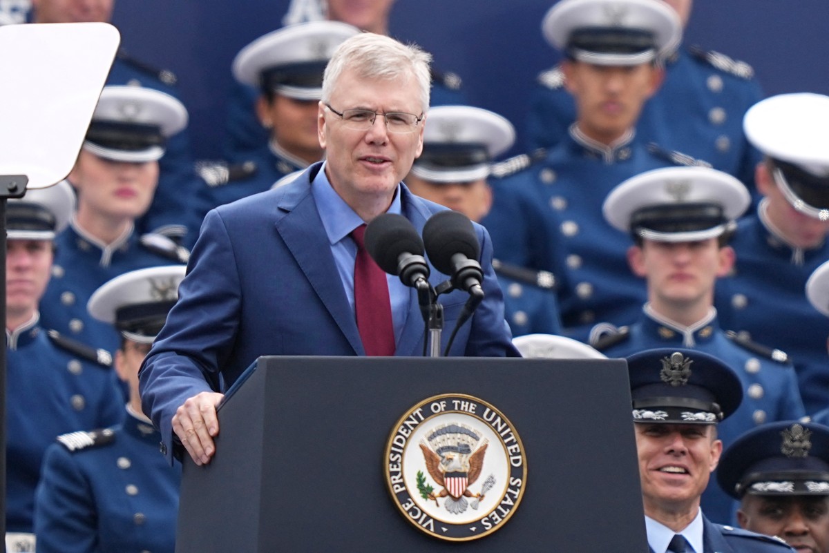 US Secretary of the Air Force Troy Meink speaks during the 2026 graduation ceremony at the US Air Force Academy, in Colorado Springs, Colorado, the US, on May 28, 2026