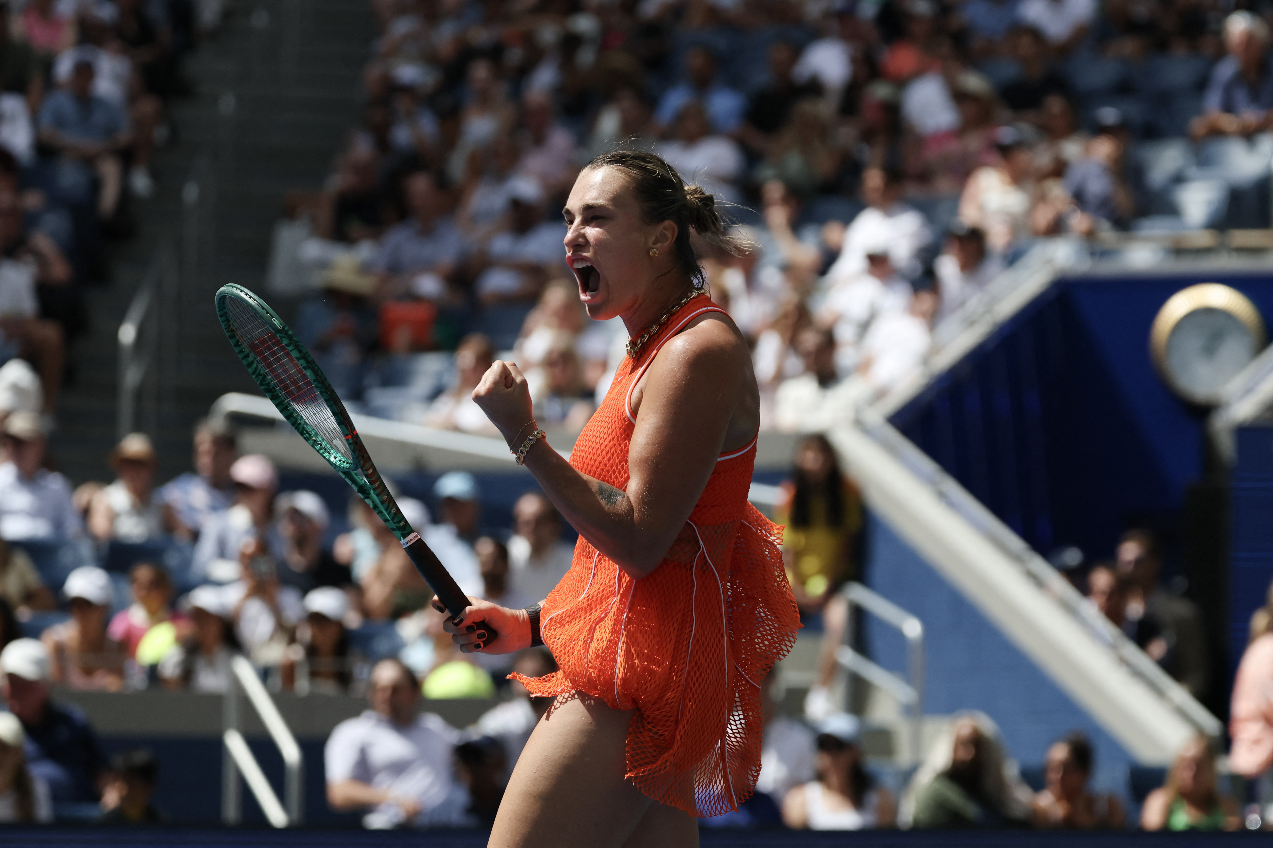 Belarus Aryna Sabalenka celebrate their victory over Colombias Camila Osorio during their women's singles first round tennis match on day two of the US Open tennis tournament at the USTA Billie Jean King National Tennis Center in New York on August 31, 2026. (Photo by TIMOTHY A. CLARY / AFP)