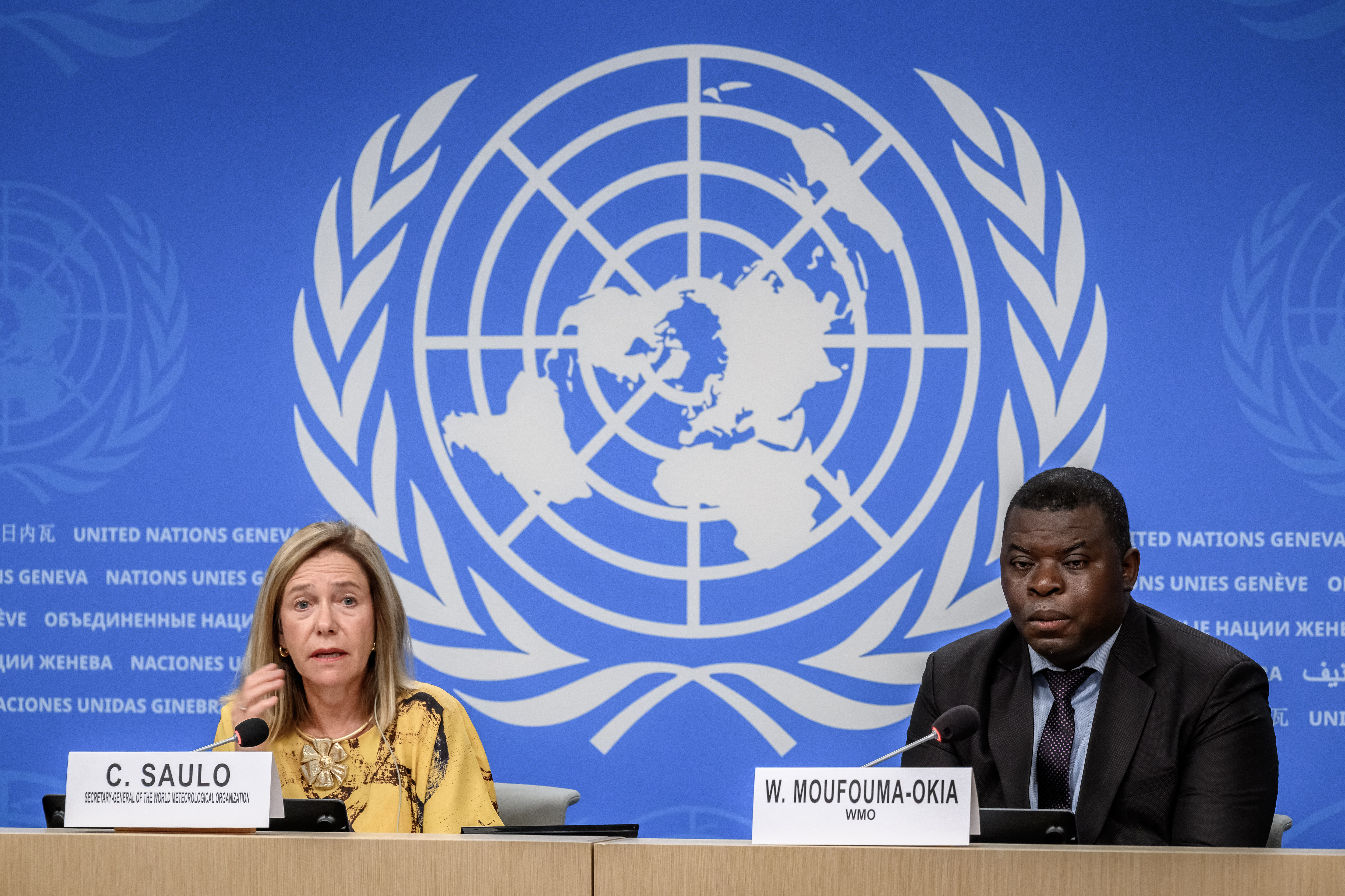 World Meteorological Organization (WMO) Secretary-General Celeste Saulo (L) and WMO Chief of climate prediction section Wilfran Moufouma-Okia attend a press conference
