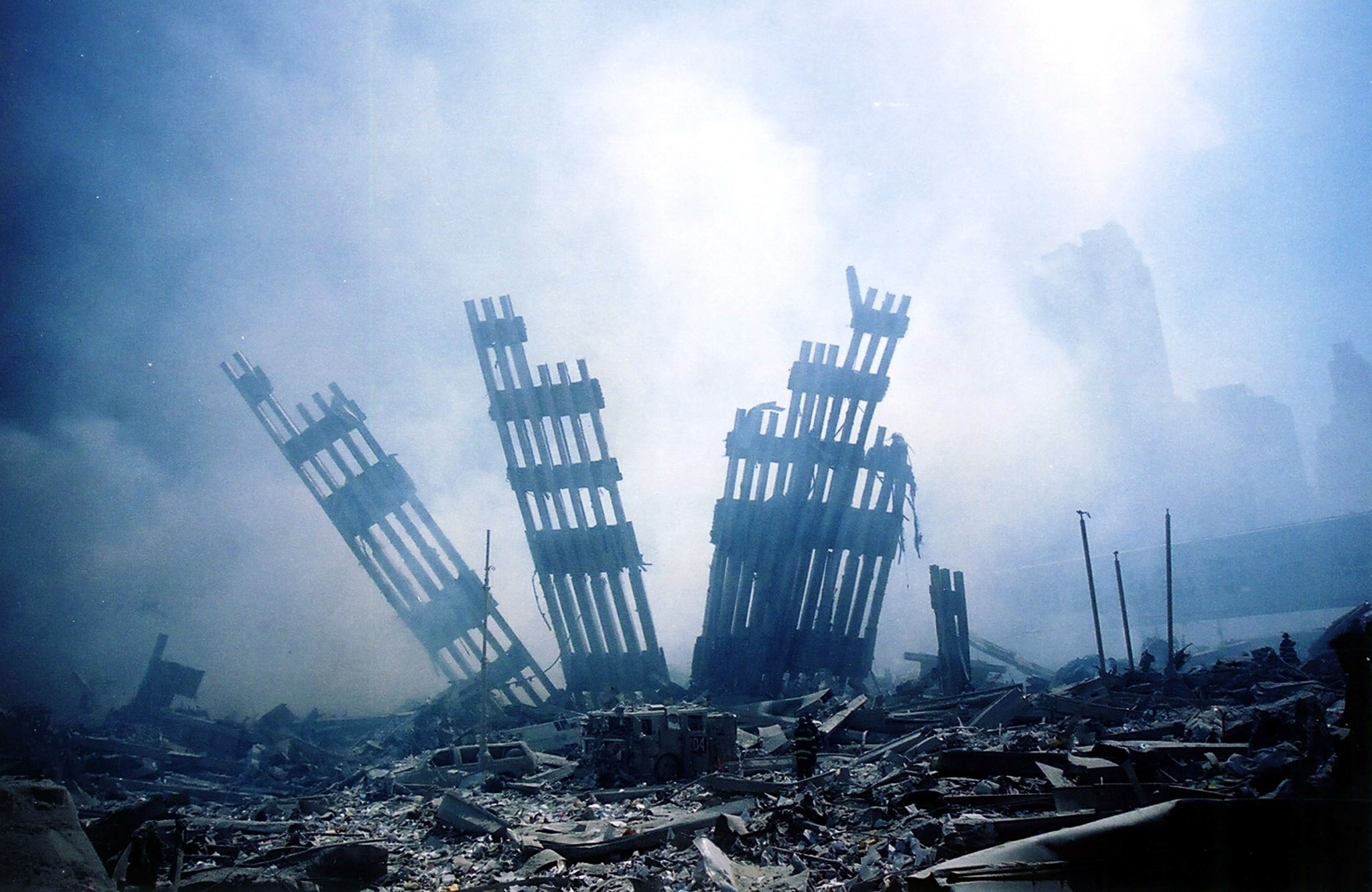 (FILES) The rubble of the World Trade Center on September 11, 2001 in New York. September 11, 2026, will mark the 25th anniversary of the September 11, 2001, attacks that killed nearly 3,000 people in New York, Washington and Pennsylvania. (Photo by ALEXANDRE FUCHS / AFP)