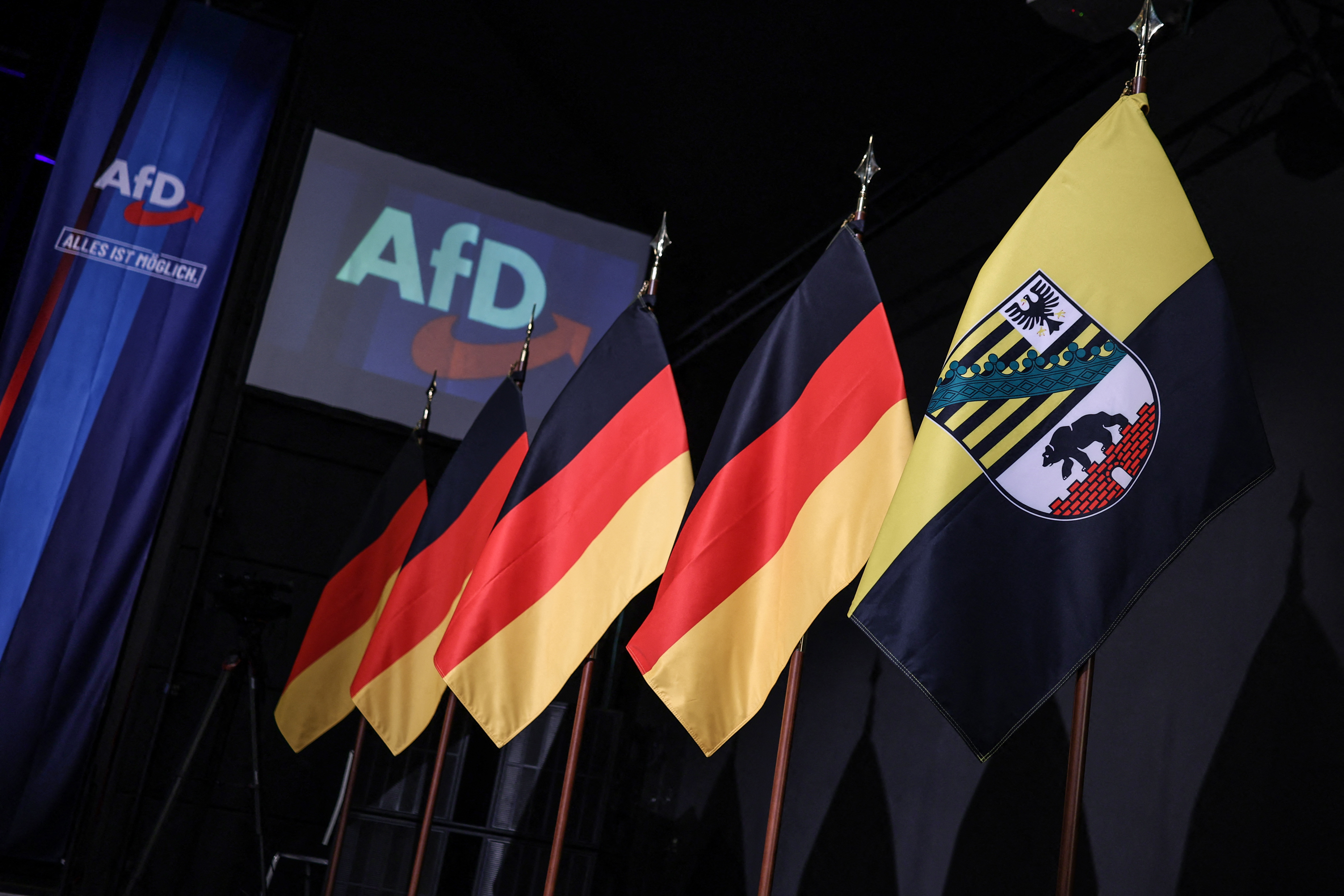 German Flags are lined up at the venue of the AfD's election party