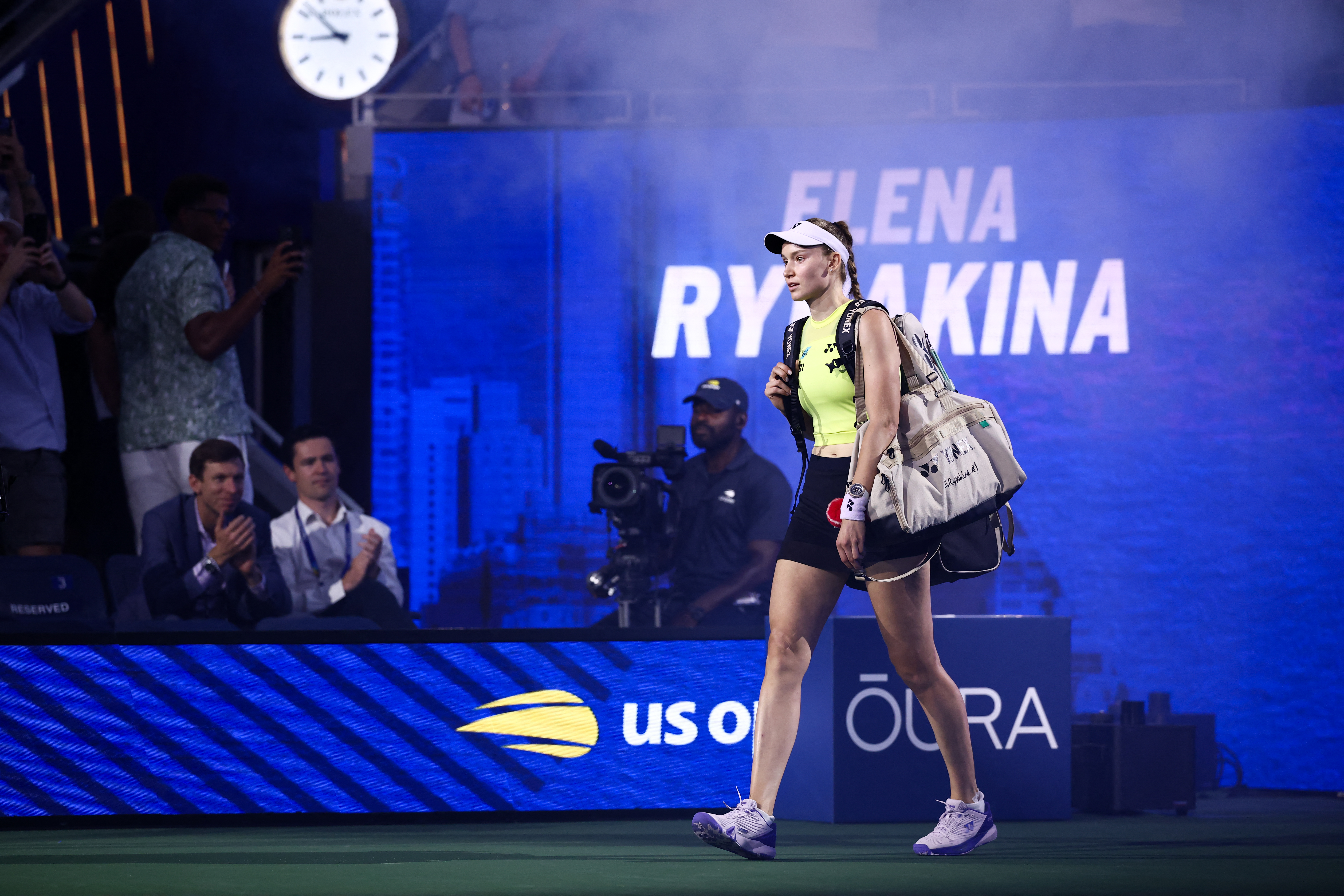 Kazakhstan's Elena Rybakina arrives for the women's singles semi-final tennis match against USA's Coco Gauff on day twelve of the US Open tennis tournament at the USTA Billie Jean King National Tennis Center in New York City on September 10, 2026. (Photo by CHARLY TRIBALLEAU / AFP)