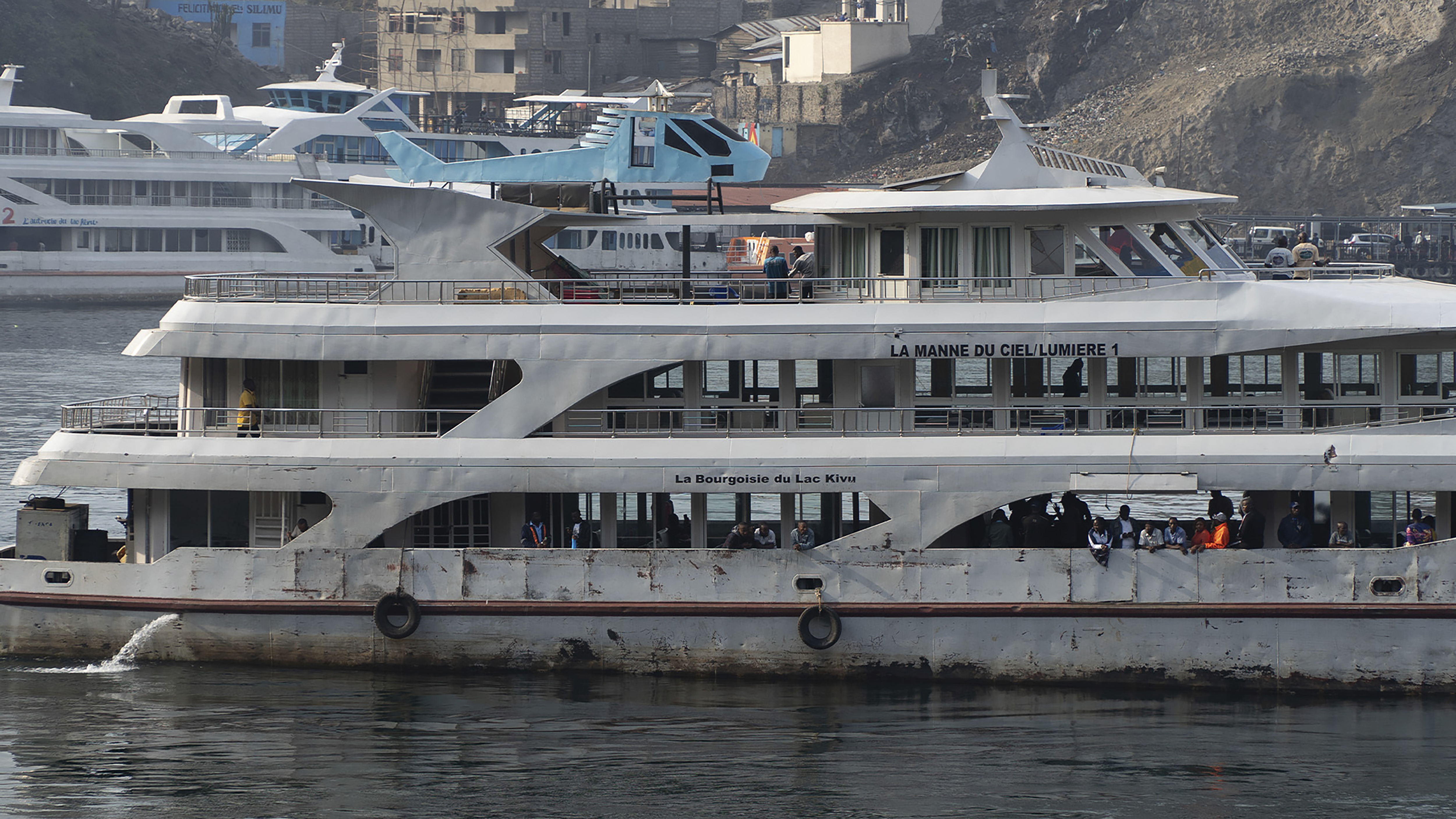 A ferry, linking Goma to Bukavu on lake Kivu, is docked in Goma, Congo Tuesday, Oct. 8, 2024. (AP Photo/Justin Kabumba)