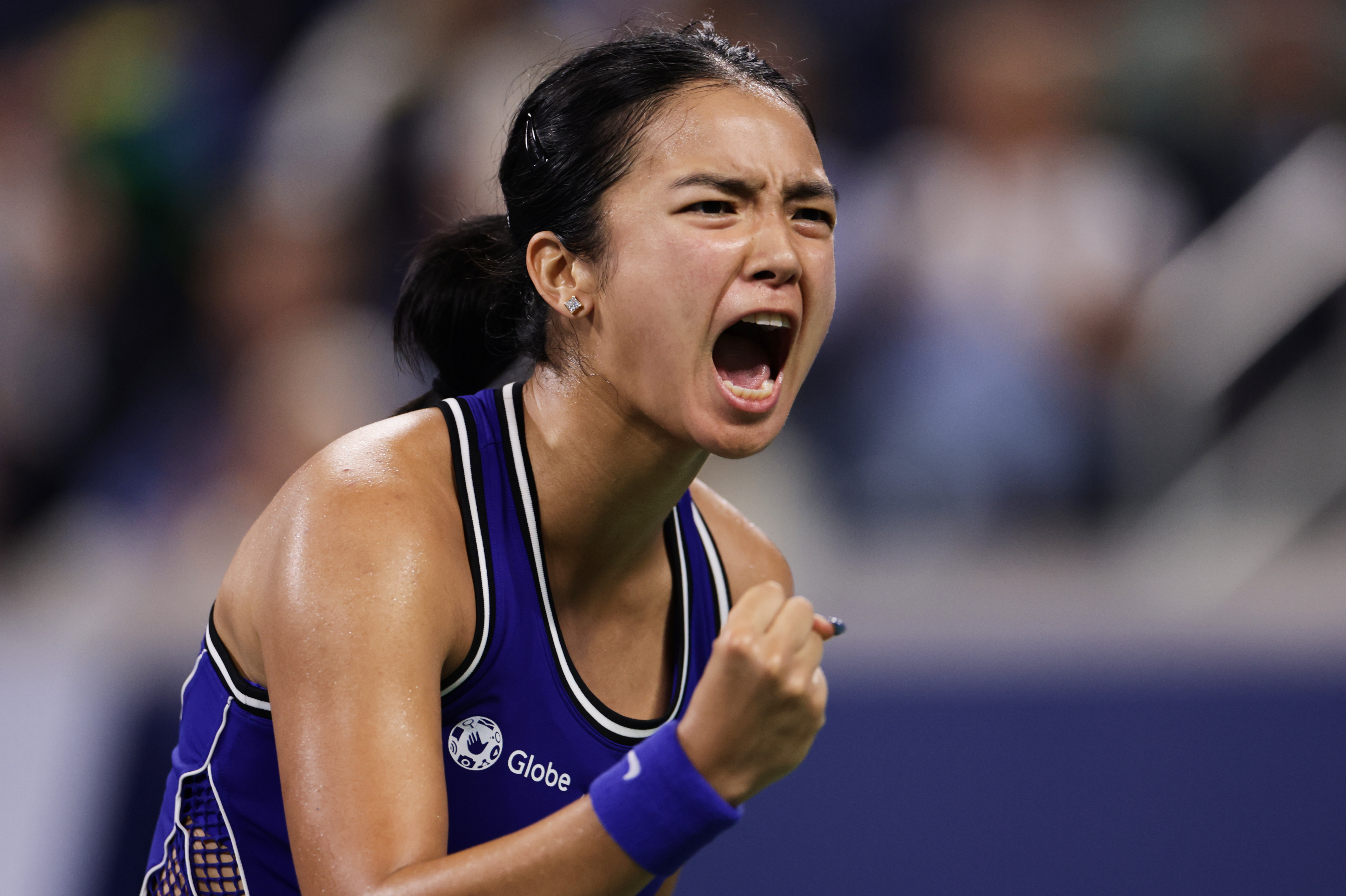 Alexandra Eala, of the Philippines, reacts during her match against Mary Stoiana, of the United States, during the first round of the U.S. Open tennis championships Tuesday, Sept. 1, 2026, in New York. (AP Photo/Adam Hunger)