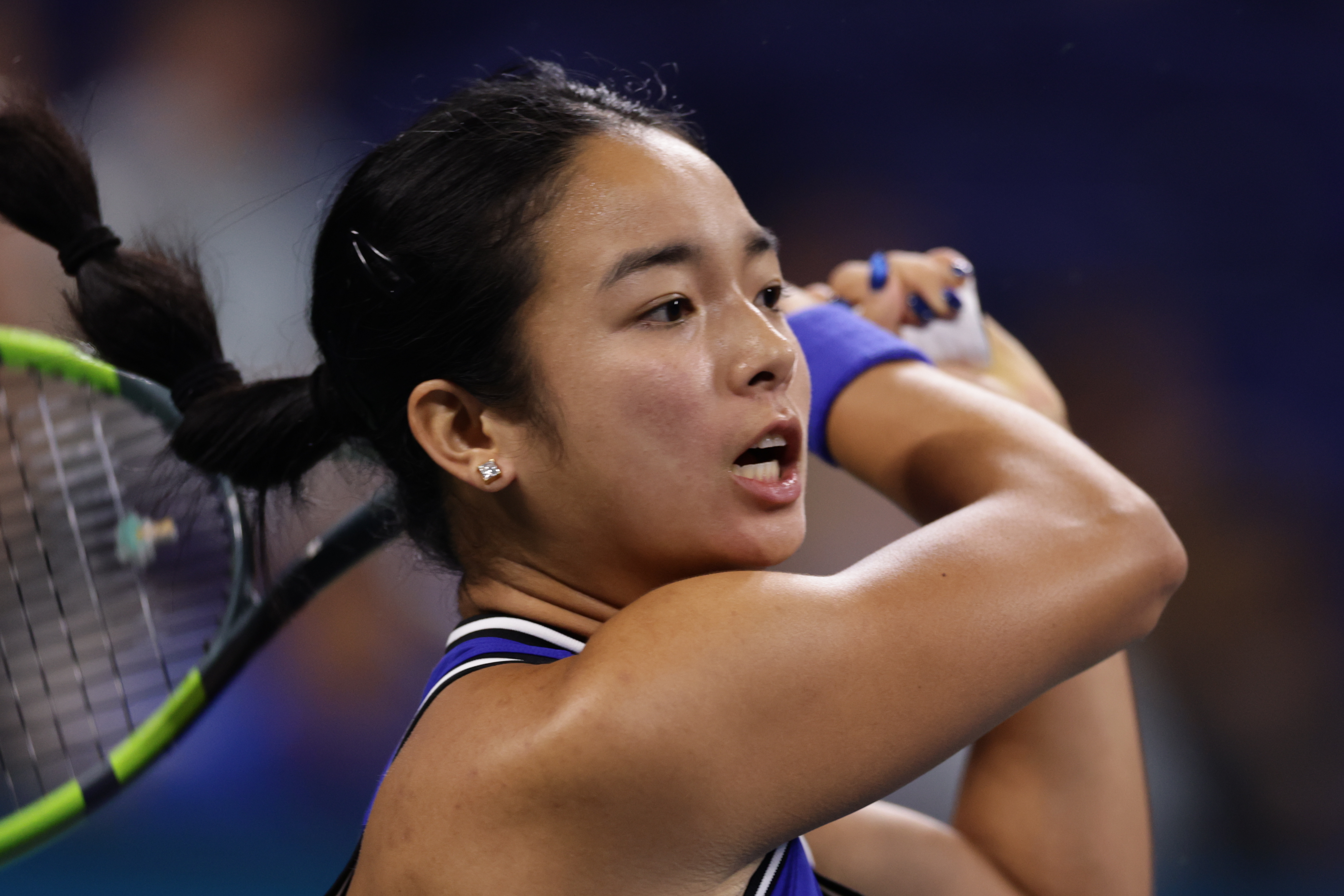 Alexandra Eala, of the Philippines, hits a return to Mary Stoiana, of the United States, during the first round of the U.S. Open tennis championships Tuesday, Sept. 1, 2026, in New York. (AP Photo/Adam Hunger)