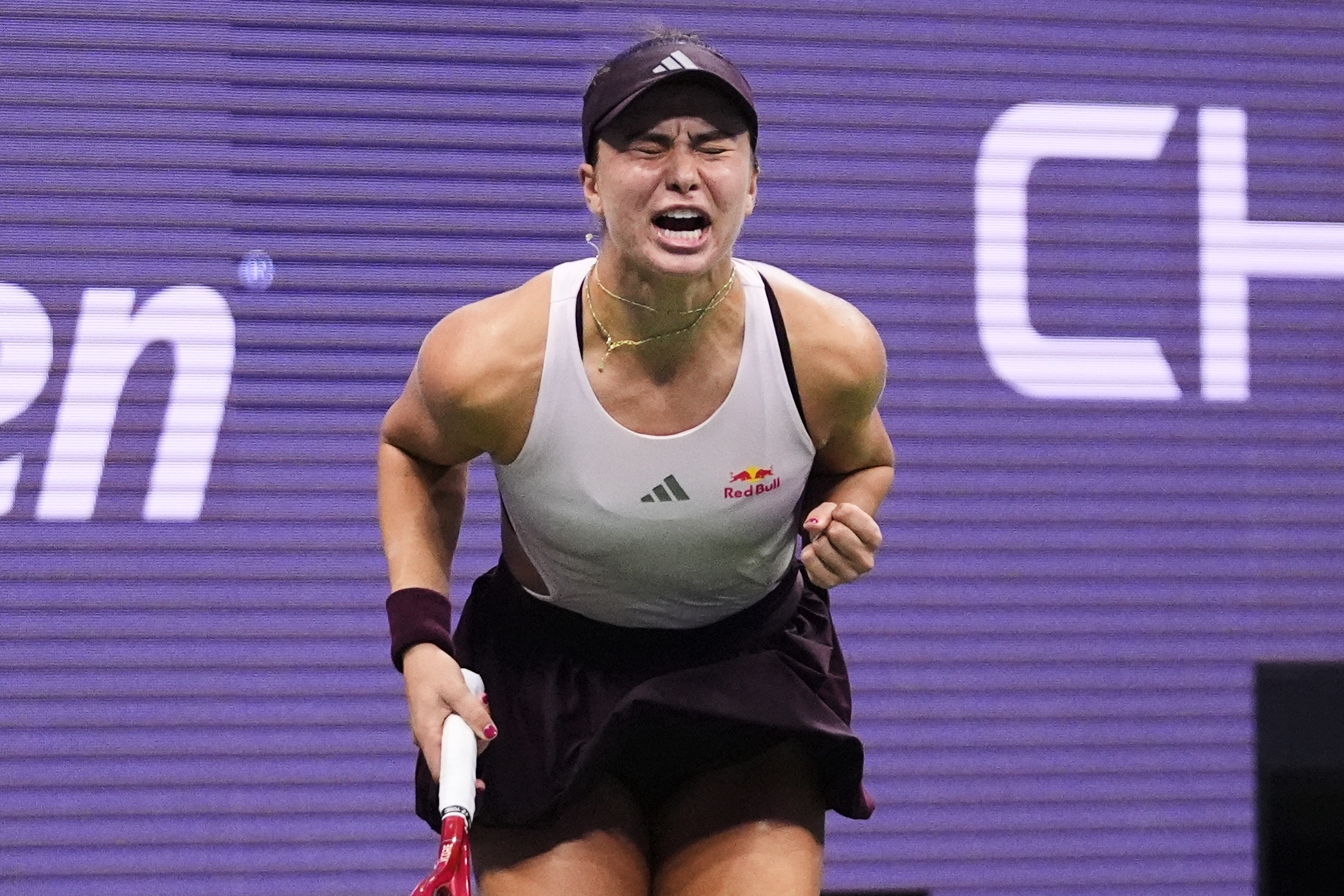 Iva Jovic, of the United States, celebrates after defeating Alexandra Eala, of the Philippines, in three sets in the third round of the U.S. Open tennis championships, Saturday, Sept. 5, 2026, in New York. (AP Photo/Frank Franklin II)