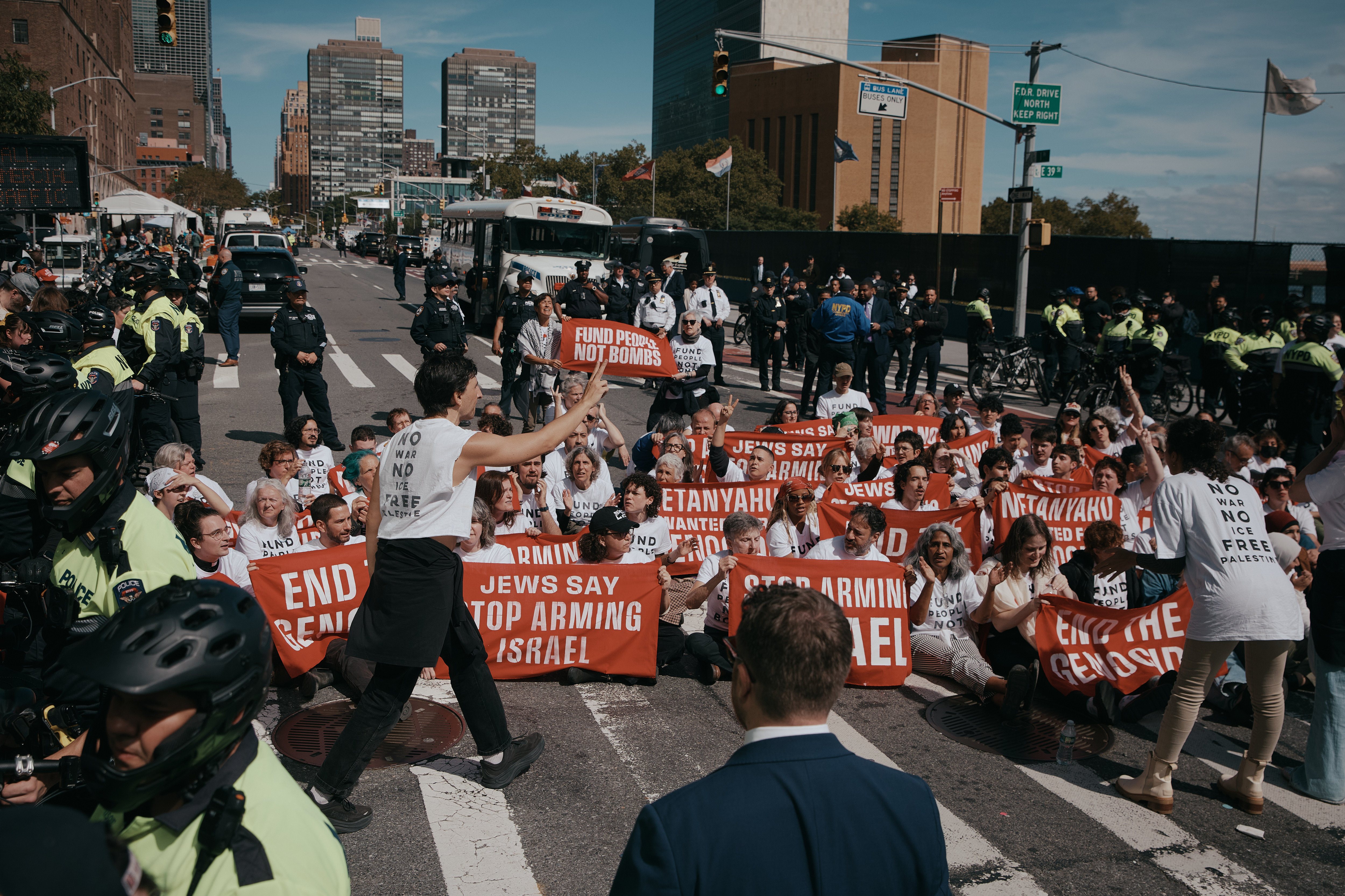 Protesters block a road outside United Nations headquarters during a Jewish Voice for Peace sit-in against Israeli Prime Minister Benjamin Netanyahu on Thursday, Sept. 24, 2026, in New York. (AP Photo/Andres Kudacki)