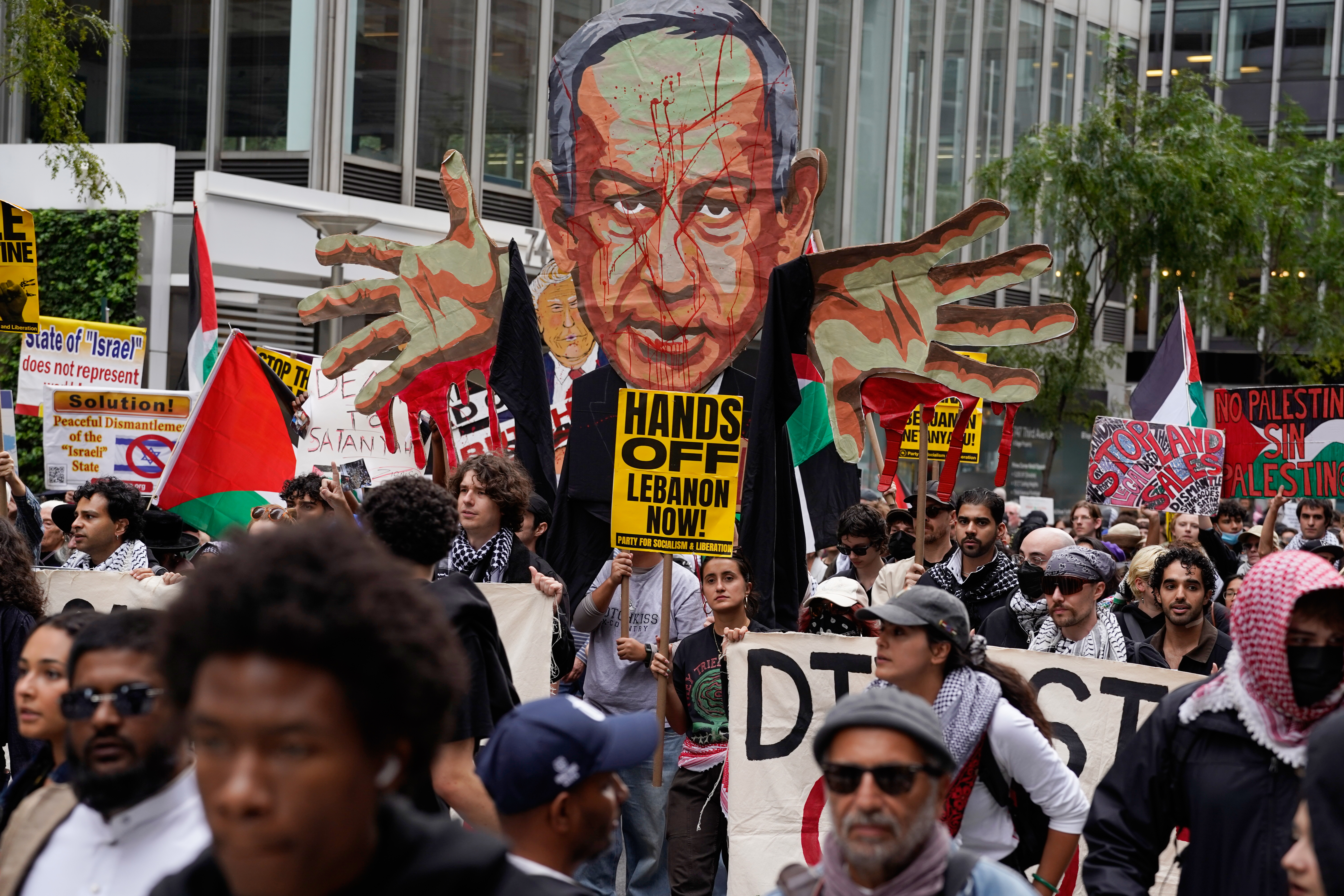 Demonstrators gather to protest following Israeli Prime Minister Benjamin Netanyahu's address at the 81st session of the United Nations General Assembly, Thursday, Sept. 24, 2026, in New York. (AP Photo/Madison Swart)