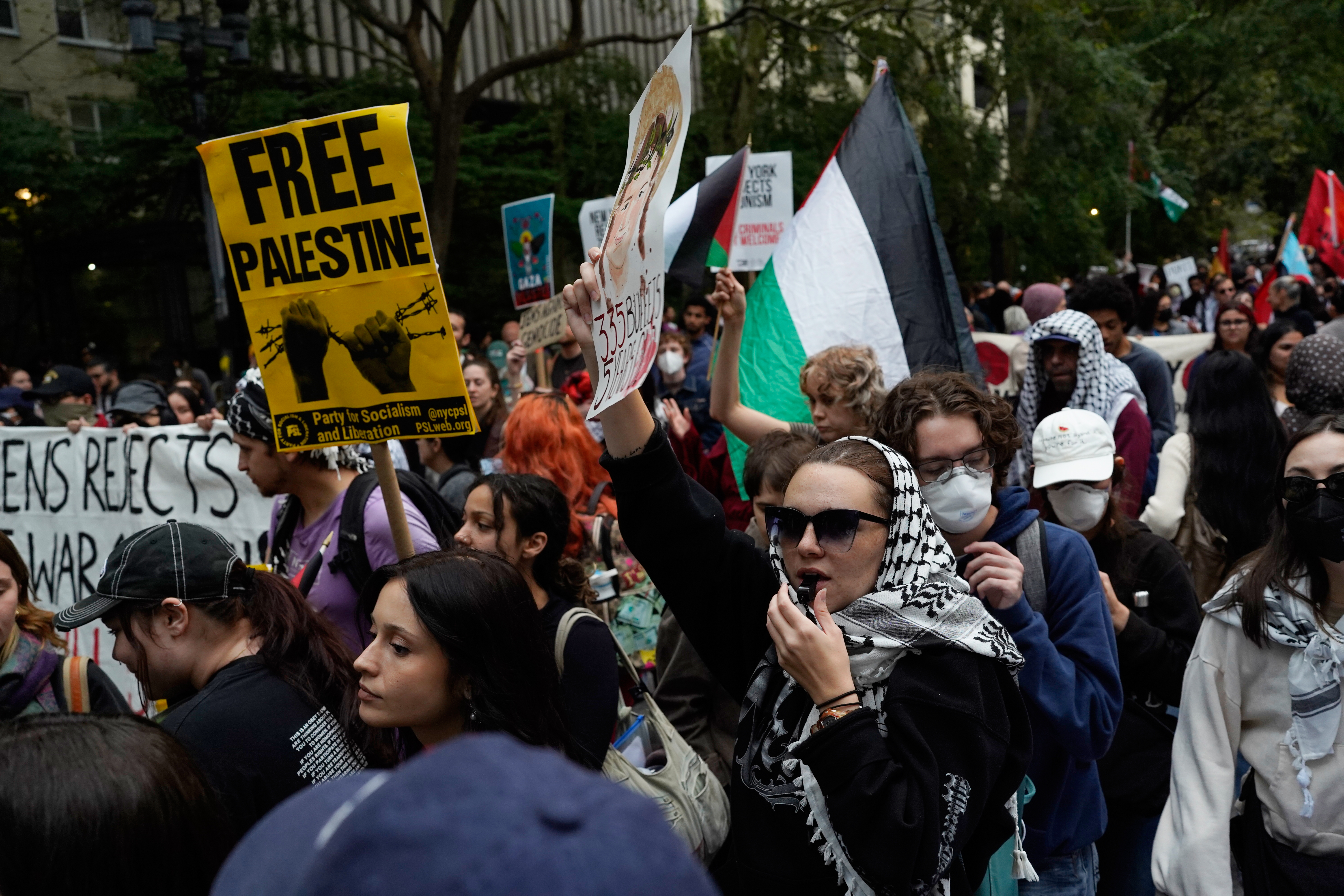 Demonstrators gather to protest following Israeli Prime Minister Benjamin Netanyahu's address at the 81st session of the United Nations General Assembly, Thursday, Sept. 24, 2026, in New York. (AP Photo/Madison Swart)