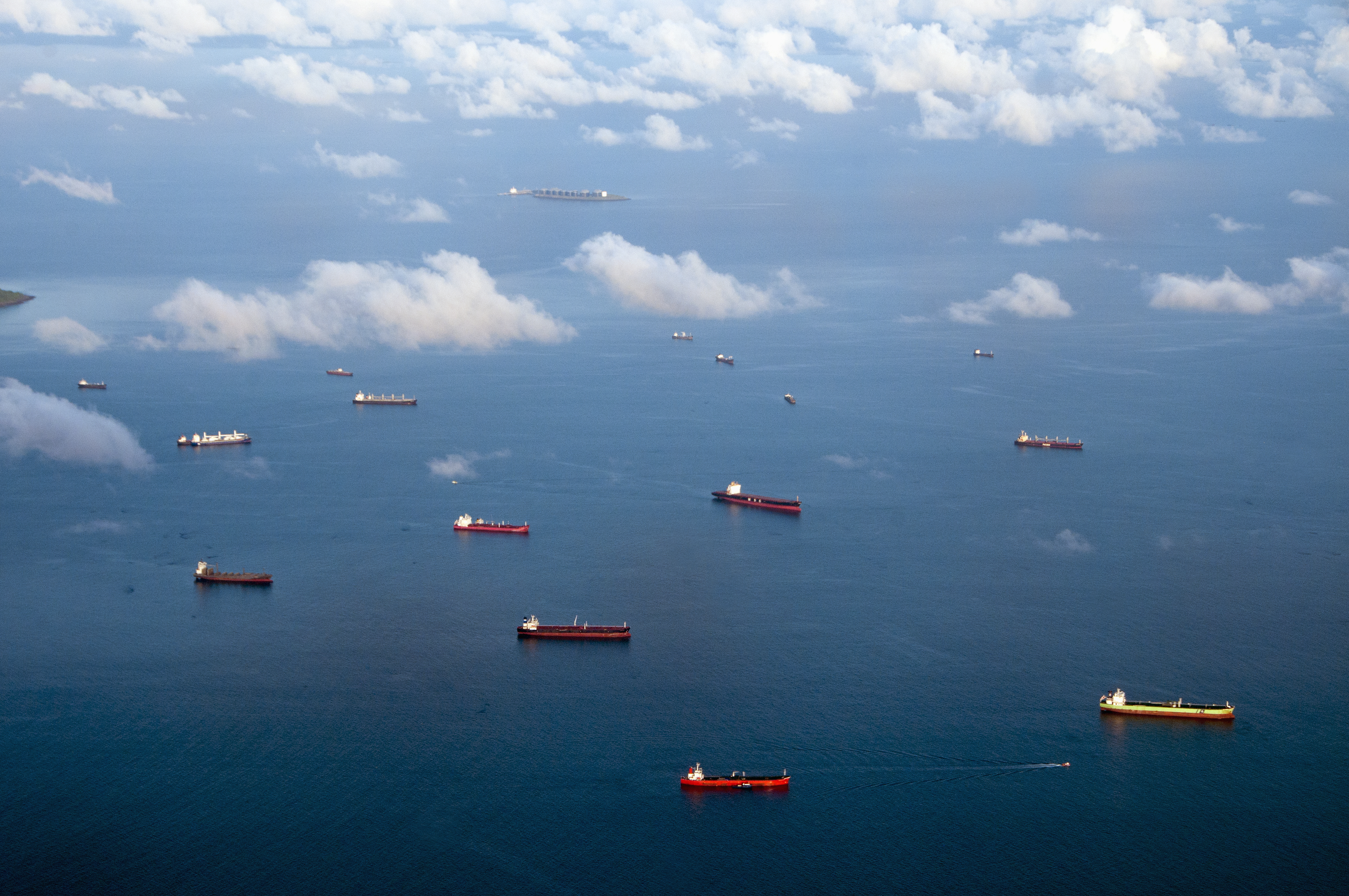 Aerial view of ships in the ocean. Panama, Central America.