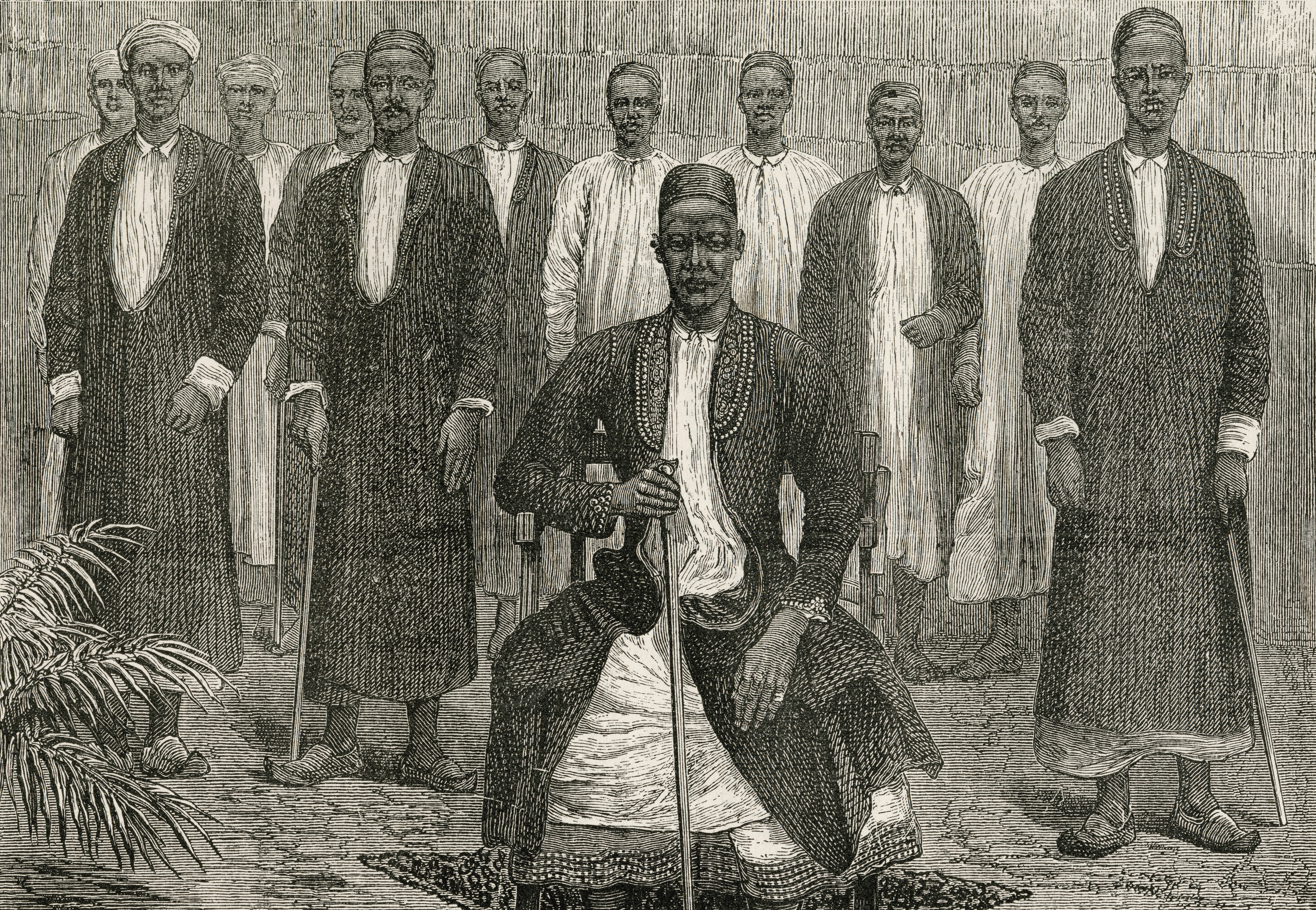 Kabaka Muteesa I Mukaabya Walugembe Kayiira and his chiefs, pictured in an illustration published in 1888. Muteesa I ruled Buganda from 1856 to 1884. (Universal History Archive [Universal Images Group via Getty Images]