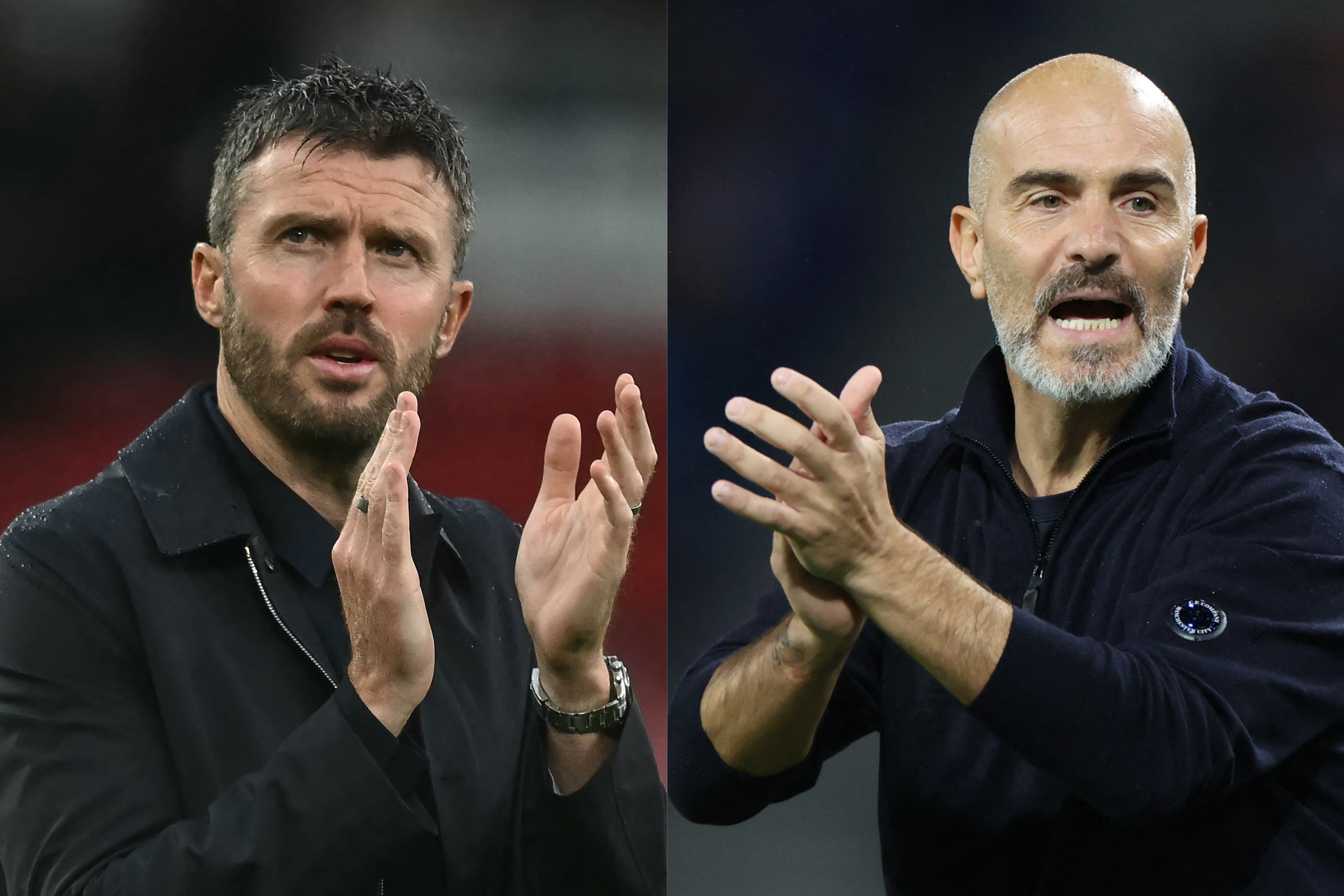 Manchester United boss Michael Carrick (left) will face his Man City counterpart Enzo Maresca in Sunday's showdown [Paul Ellis, Patricia De Melo Moreira/AFP]