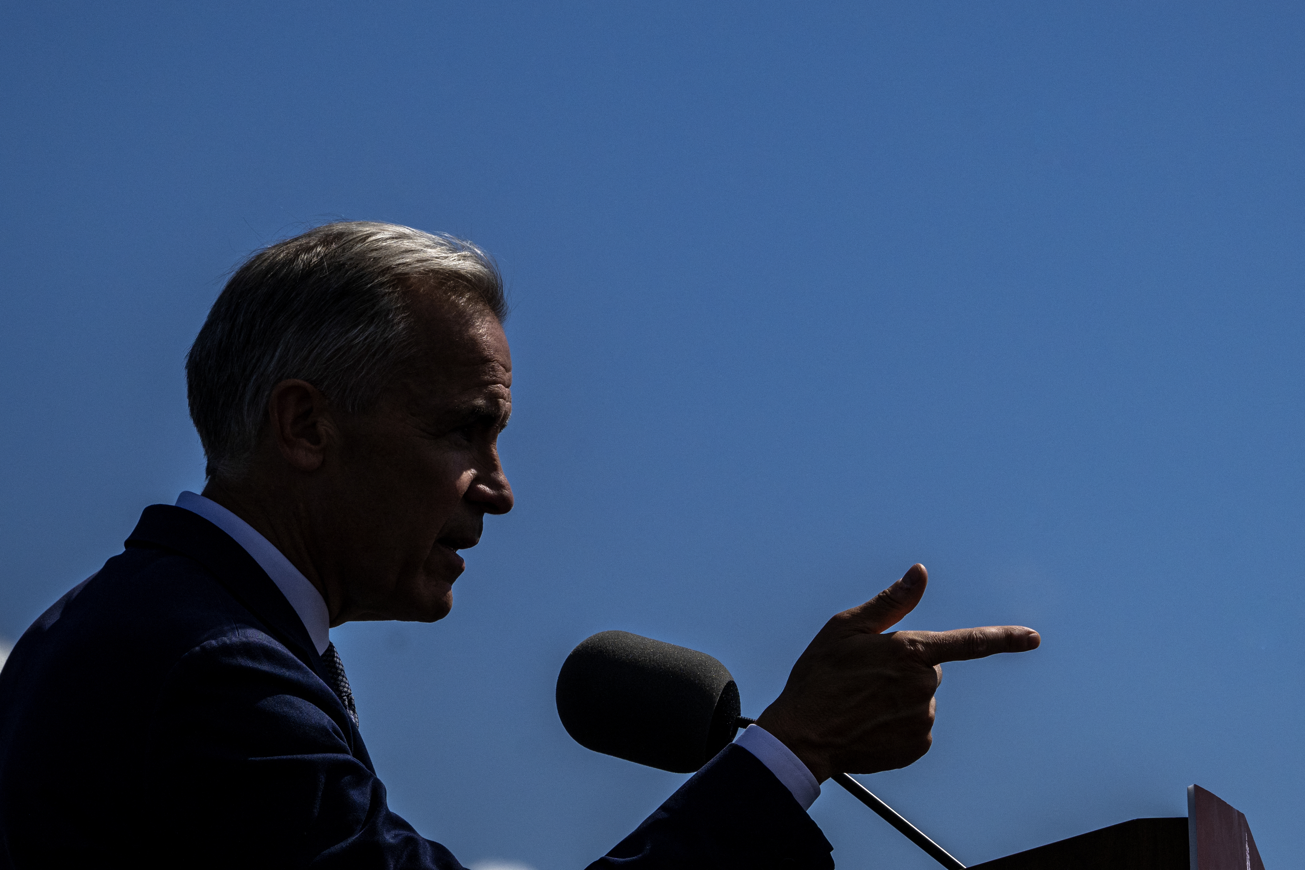 Canadian Prime Minister Mark Carney speaks about the trade dispute with the United States at the Davie Shipyard in Levis, Quebec, Canada on August 24, 2026.