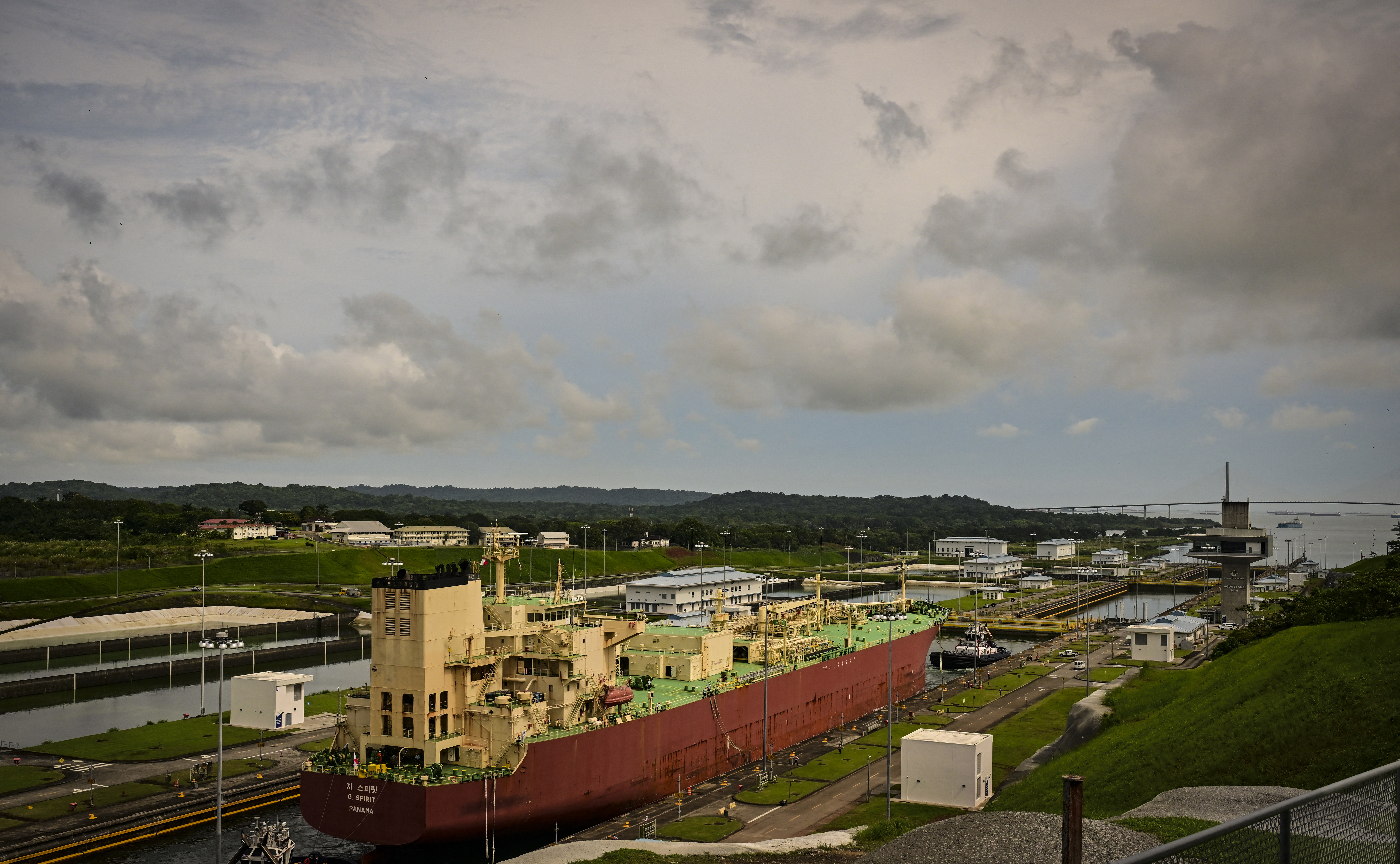 A large tanker is seen at port.
