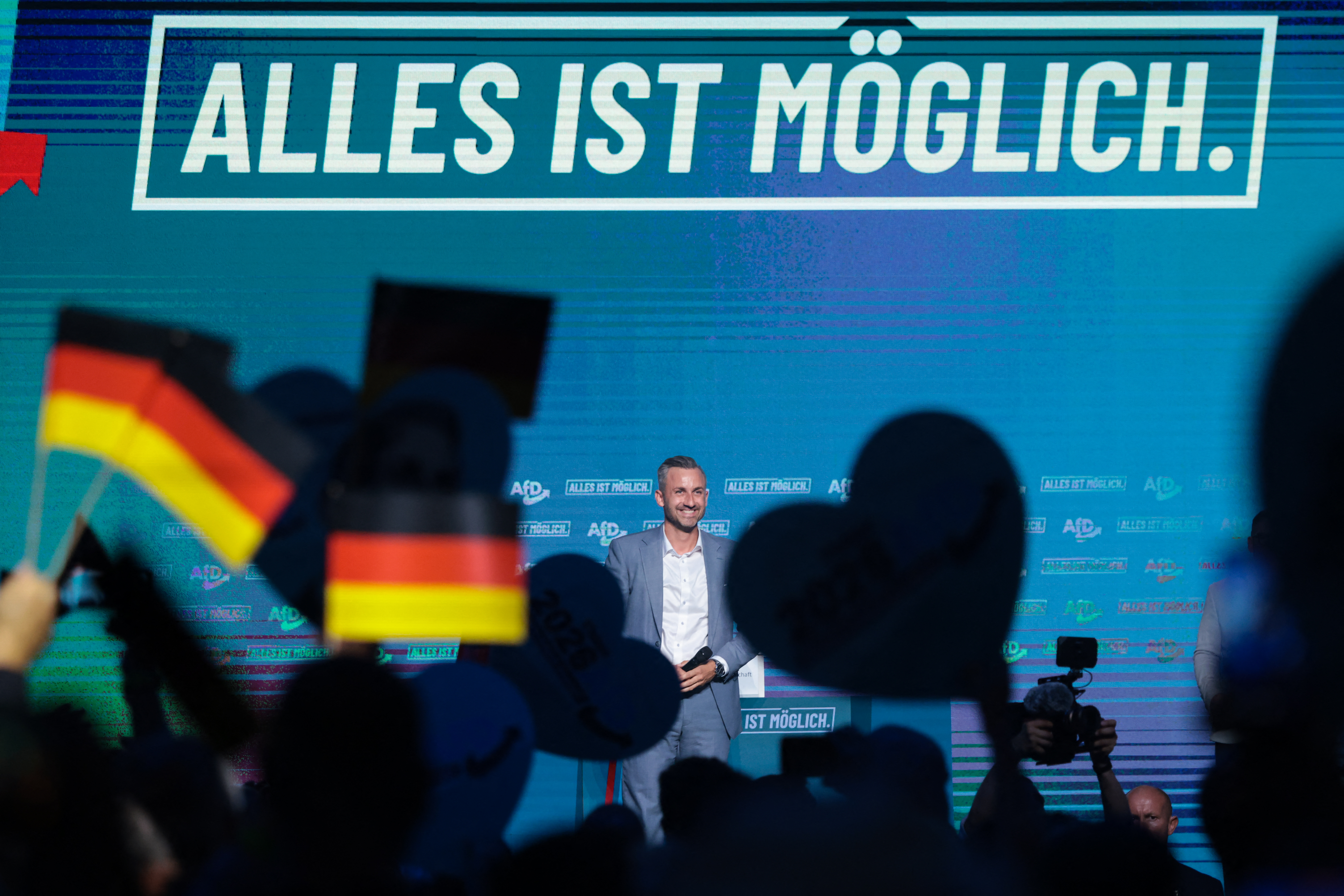 Ulrich Siegmund, top candidate in the Saxony-Anhalt state election for the far-right Alternative for Germany (AfD) party, addresses a campaign event in Magdeburg, eastern Germany, on September 5, 2026, one day before regional elections in the eastern federal state of Saxony-Anhalt.