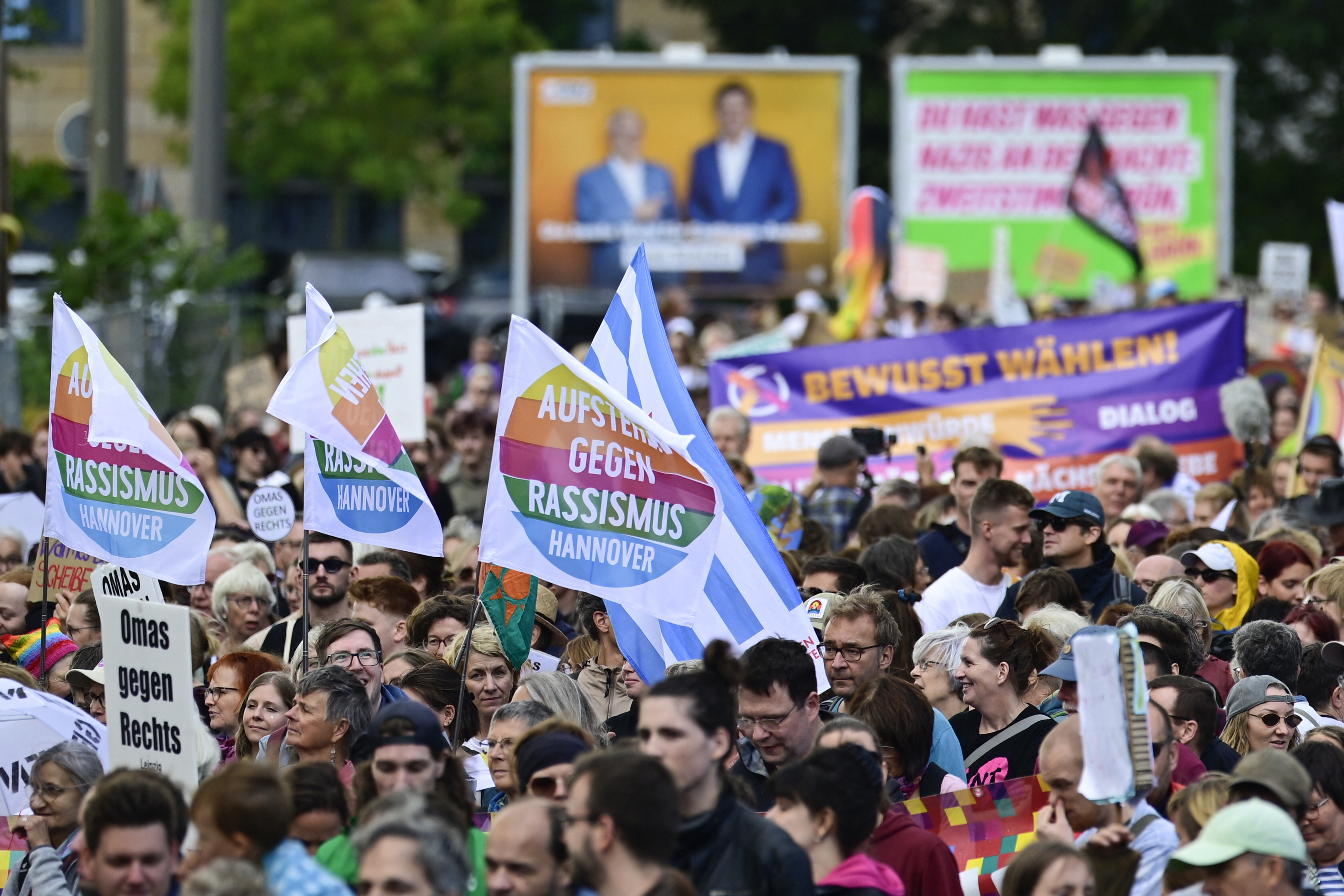 People gather to demonstrate for an open society based on solidarity during a festival of democracy in Magdeburg, eastern Germany, on September 5, 2026, one day before regional elections in the eastern federal state of Saxony-Anhalt.