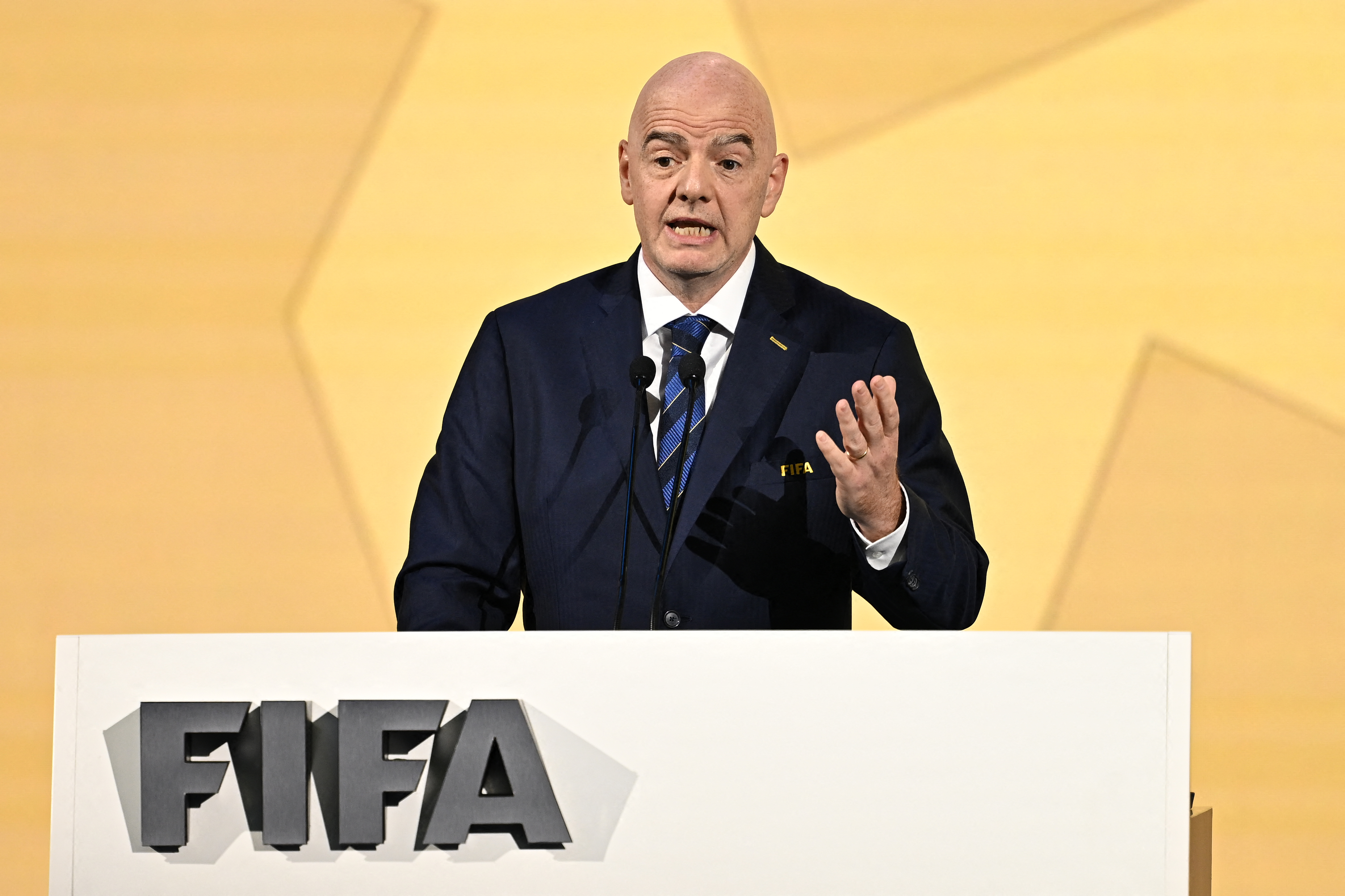 (FILES) FIFA President Gianni Infantino makes a speech during the 74th FIFA Congress in Bangkok on May 17, 2024.