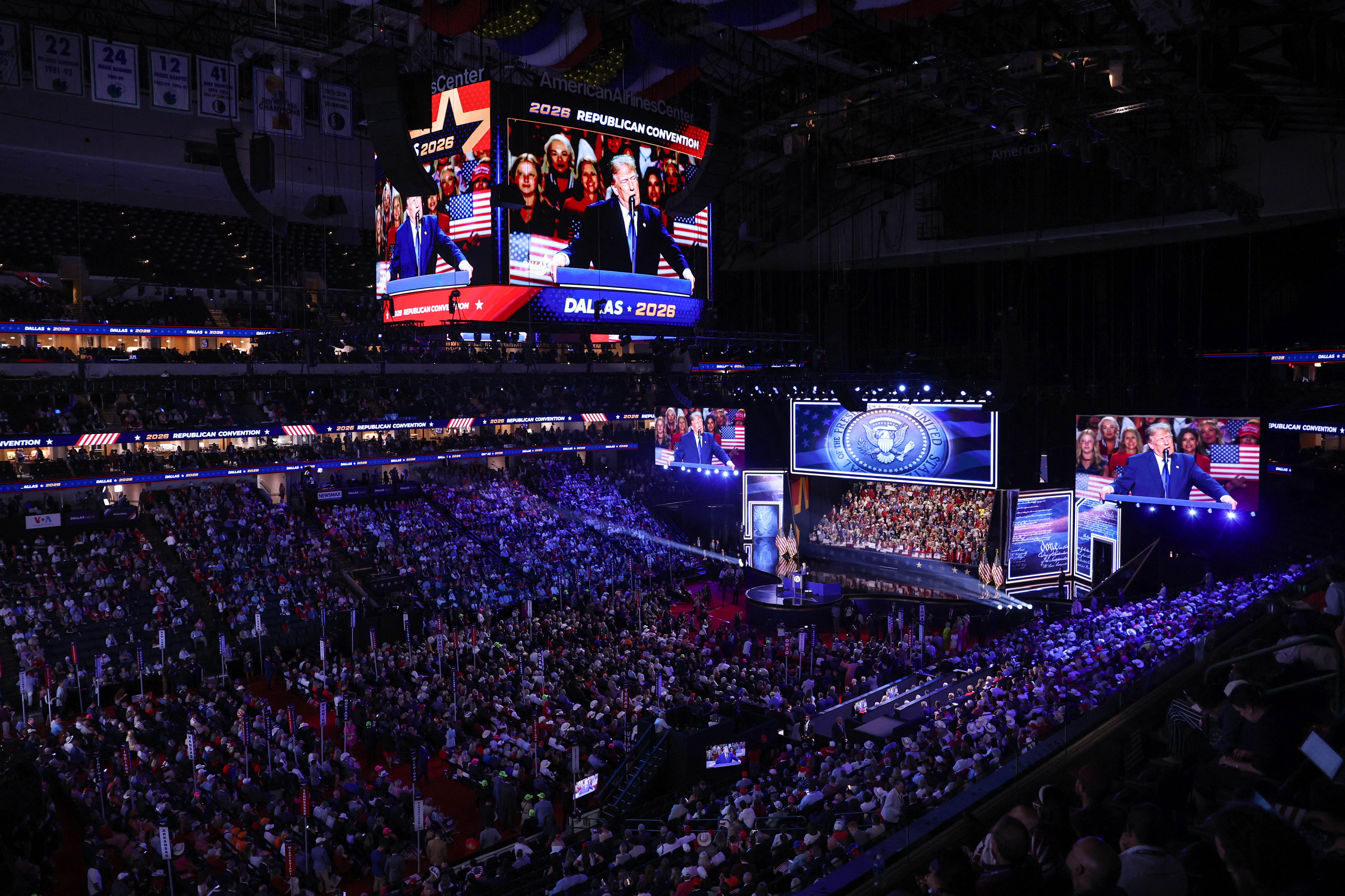 US President Donald Trump speaks during the Republican National Midterm Convention at the American Airlines Center in Dallas, Texas on September 9, 2026.