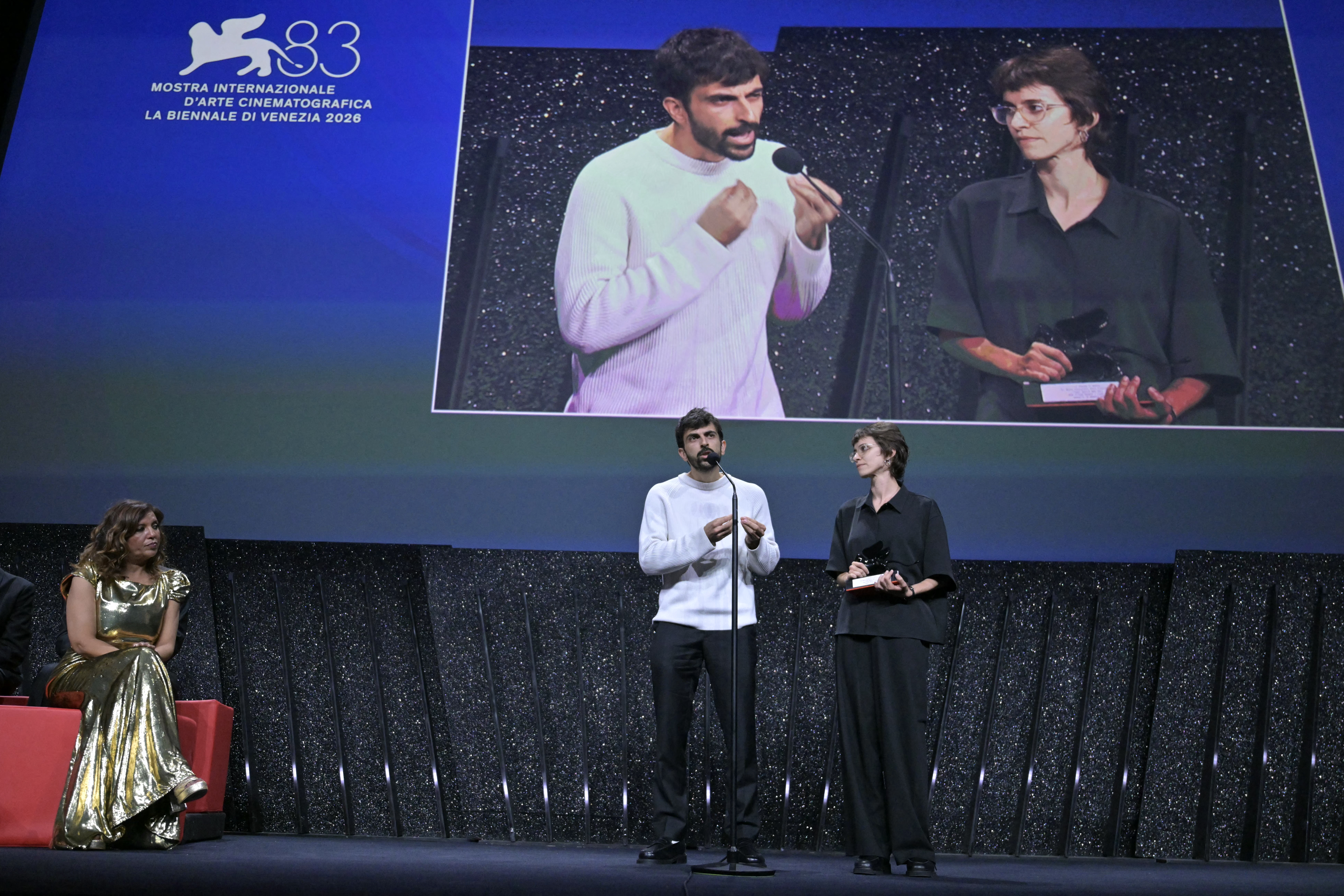 Director Yuval Abraham and Director Rachel Szor receive the Special Jury Prize for "Naza" during the closing ceremony of the 83rd Venice Film Festival at Venice Lido on September 12, 2026.