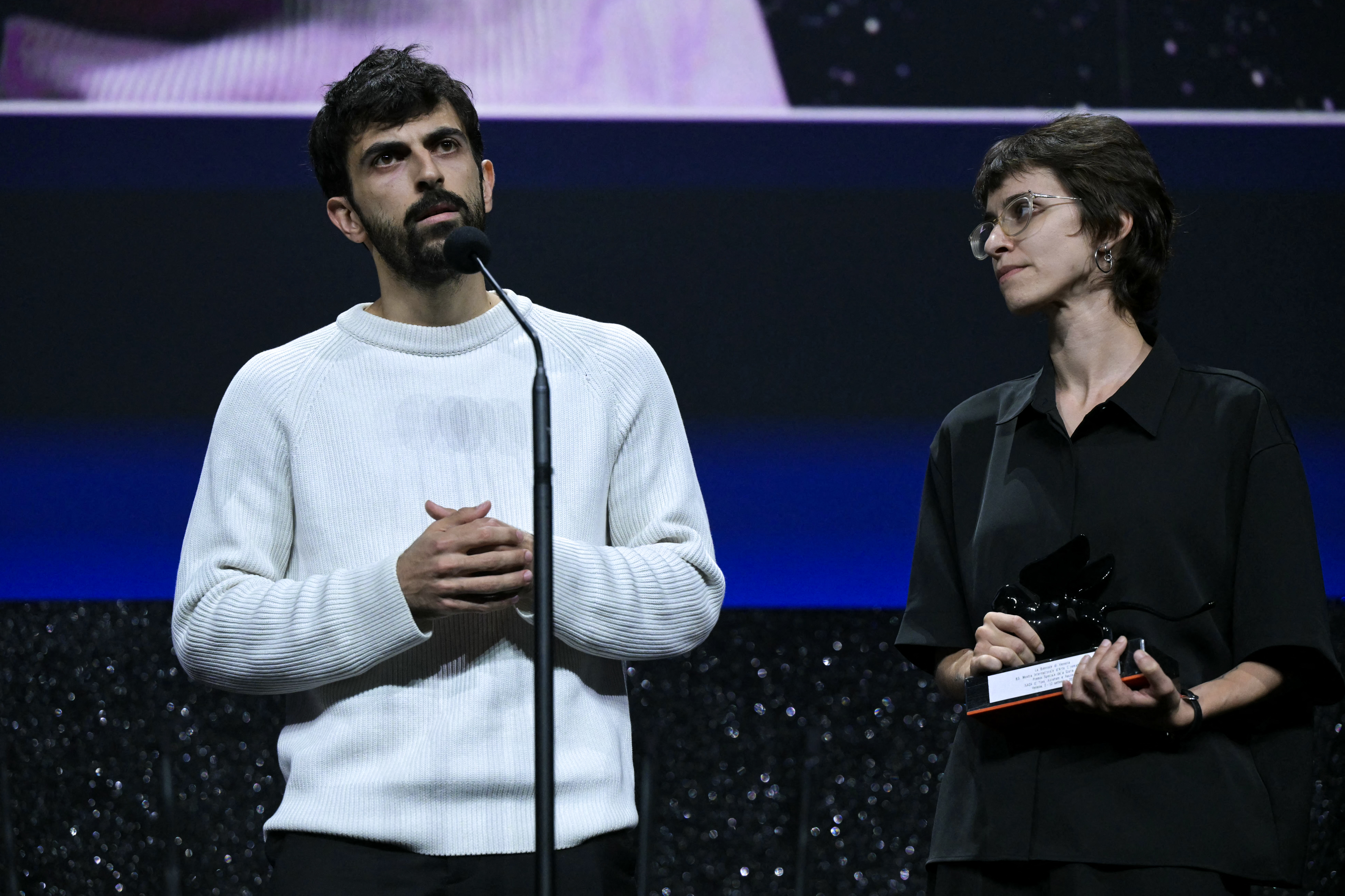 Director Yuval Abraham and Director Rachel Szor on stage.