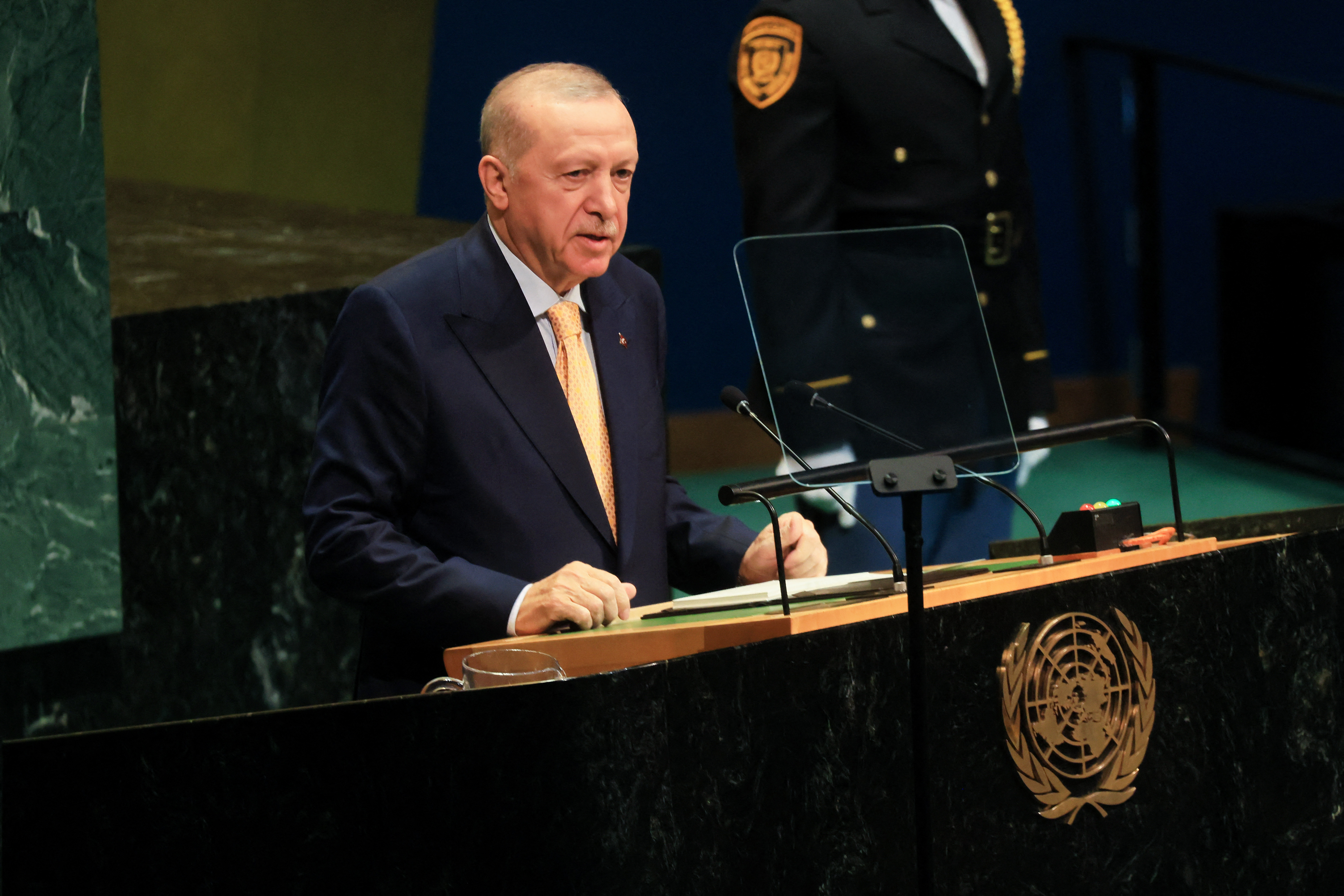 NEW YORK, NEW YORK - SEPTEMBER 22: President of Turkiye Recep Tayyip Erdoğan speaks during the 81st session of the United Nations (U.N.) General Assembly at U.N. Headquarters on September 22, 2026 in New York City. World leaders have gathered in New York for the annual session of the United Nations General Assembly, with this year's global issues ranging from the threat of artificial intelligence to the continued wars in Ukraine and Gaza. Spencer Platt/Getty Images/AFP (Photo by SPENCER PLATT / GETTY IMAGES NORTH AMERICA / Getty Images via AFP)