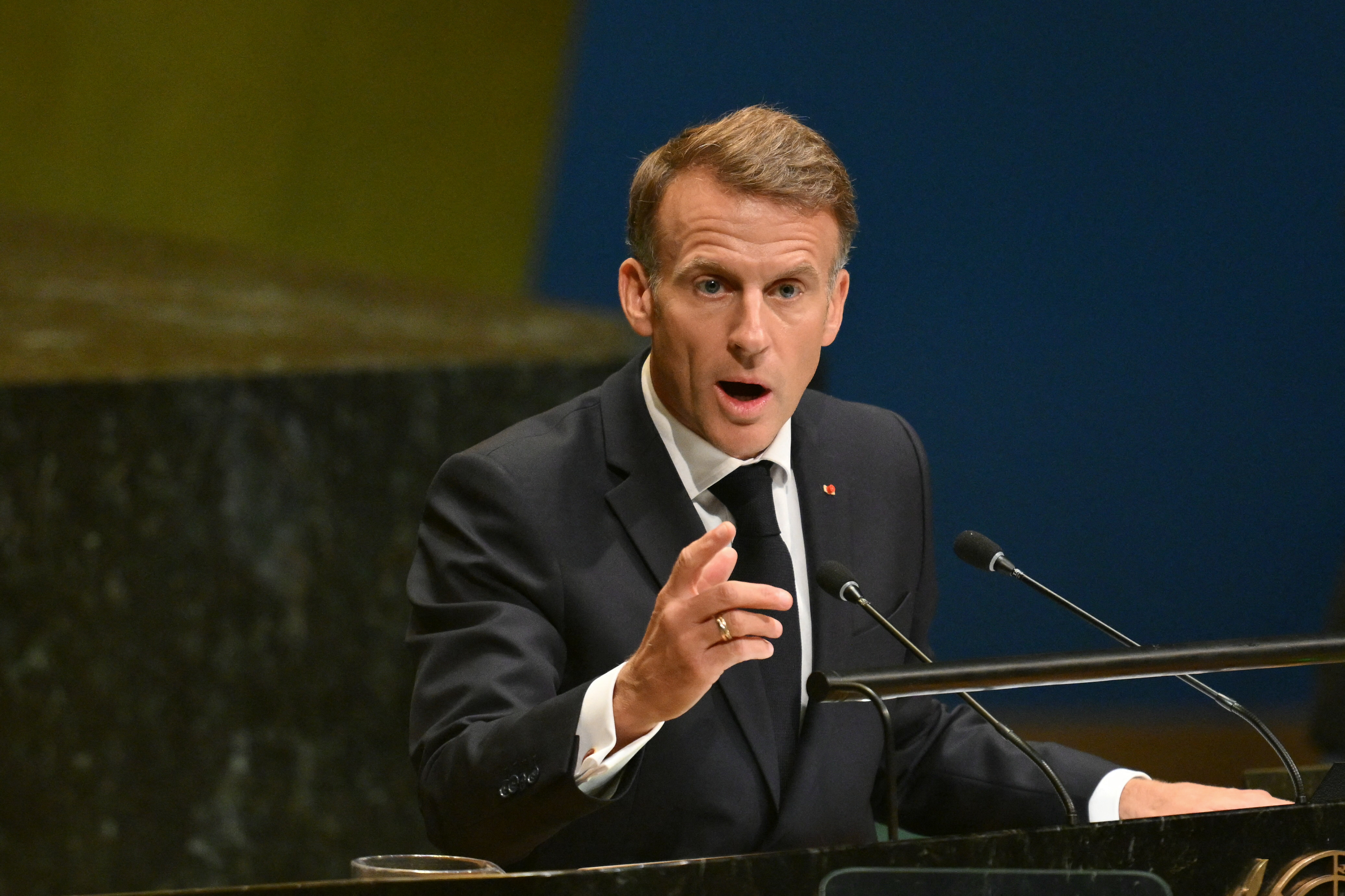 President Emmanuel Macron arrives to address the 81st United Nations General Assembly at UN headquarters in New York on September 22, 2026. (Photo by ANGELA WEISS / AFP)