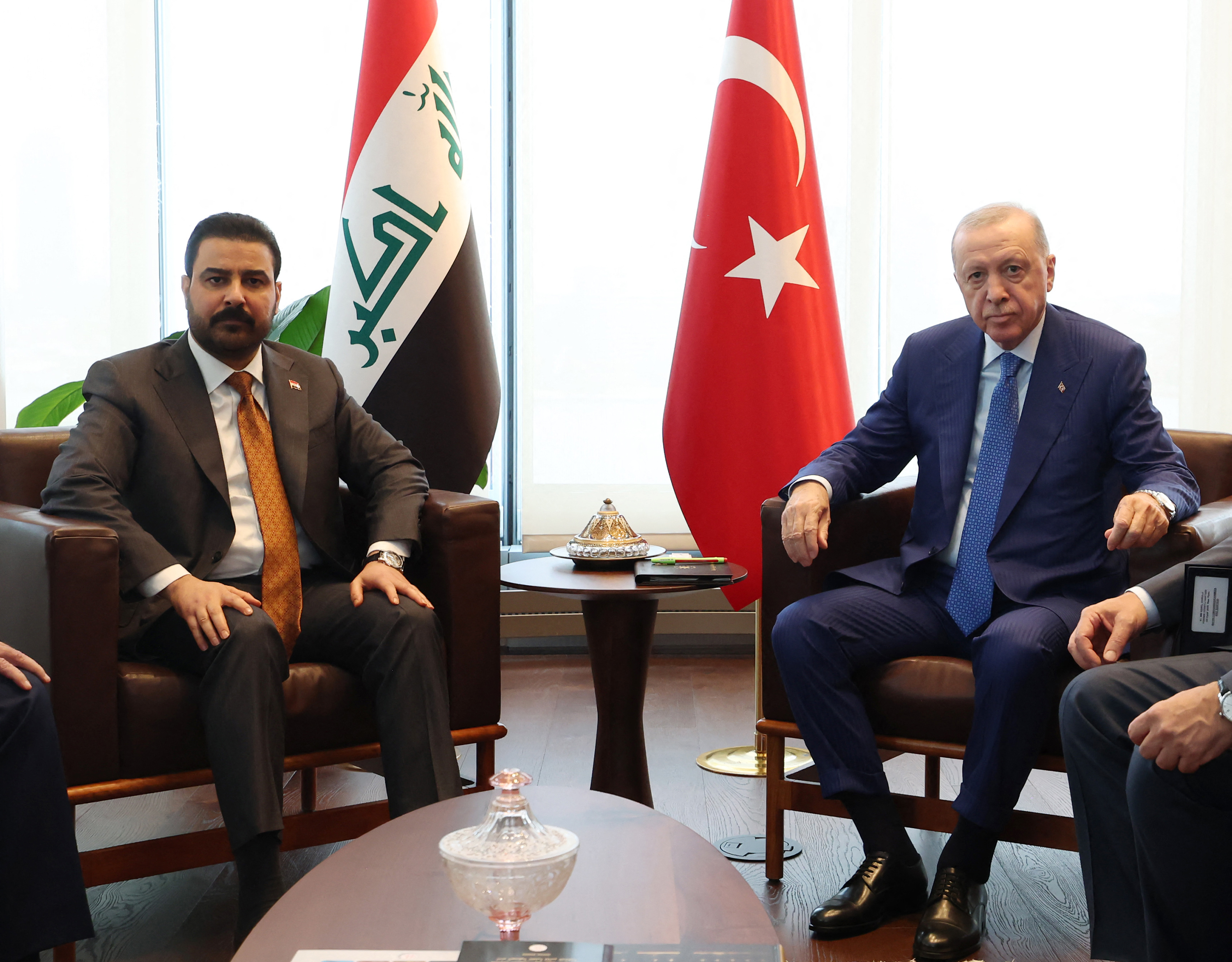 This handout photograph taken and released by Turkish Presidency Press Office on September 23, 2026, shows Turkish President Recep Tayyip Erdogan (R) meeting with Prime Minister of Iraq Ali al-Zaidi on the sidelines of the 81st United Nations General Assembly in New York.