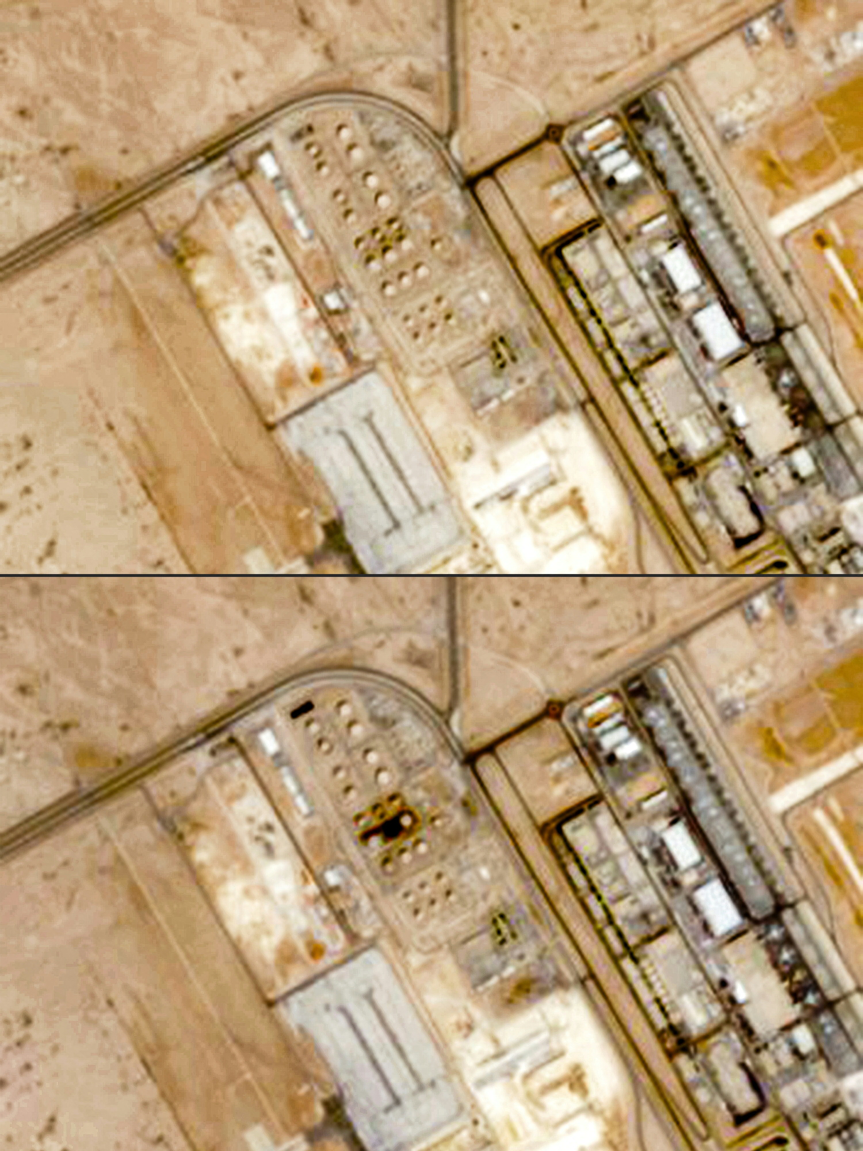 (COMBO) This combination of handout satellite images from Copernicus Sentinel Data taken on (top to bottom) September 16 and 21, 2026 shows Saudi ARAMCO Bulk fuel depots at King Khalid International Airport in Riyadh, before and after an attack.